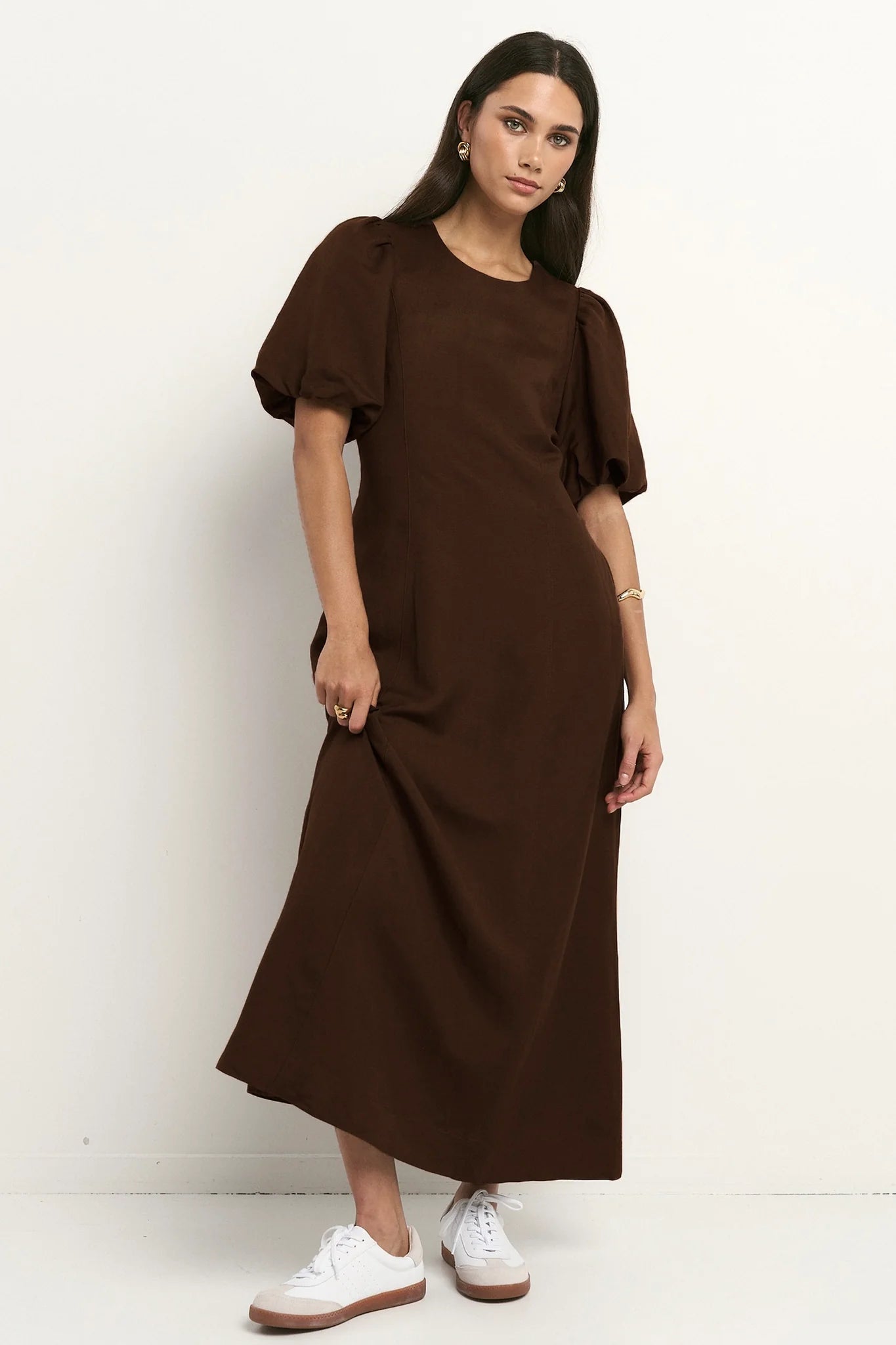 Indulgent Chocolate Puff Sleeve Midi Dress