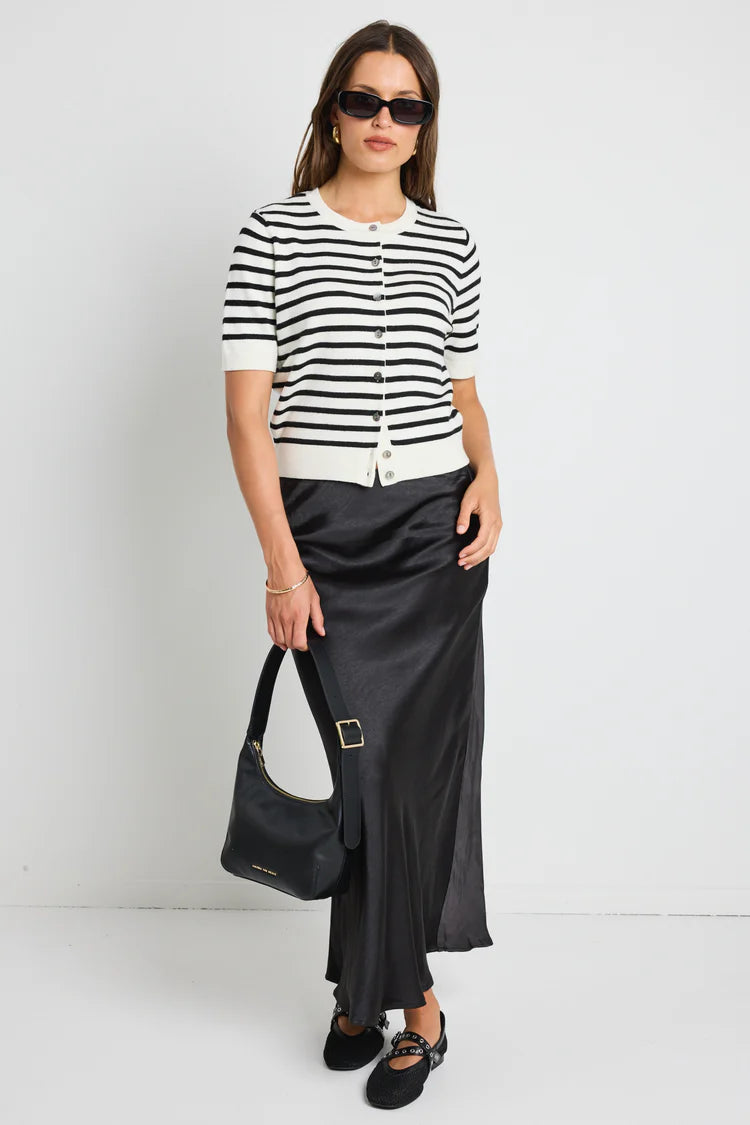 Rosette Black Satin Bias Midi Skirt