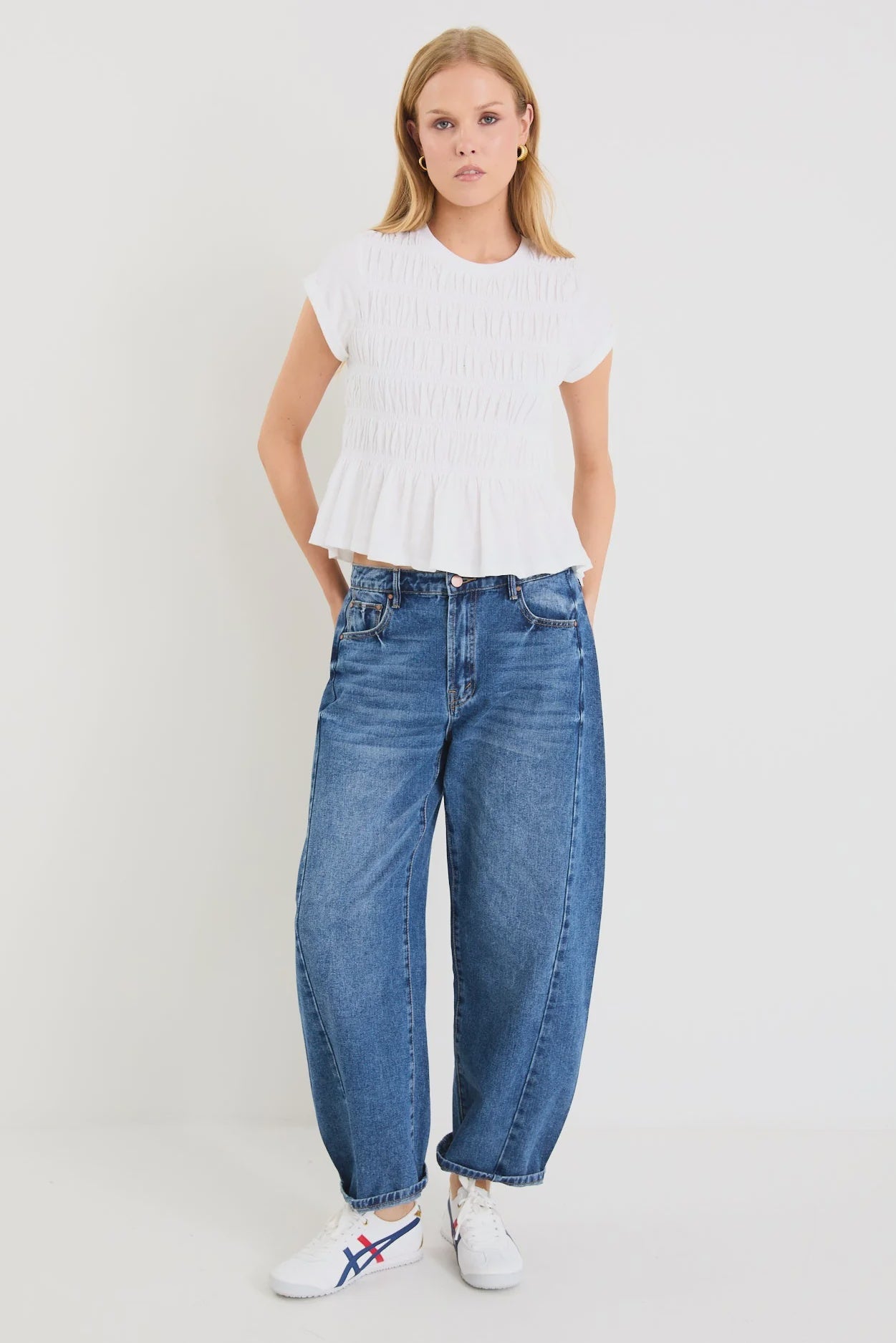 Neat White Slub Shirred Tee