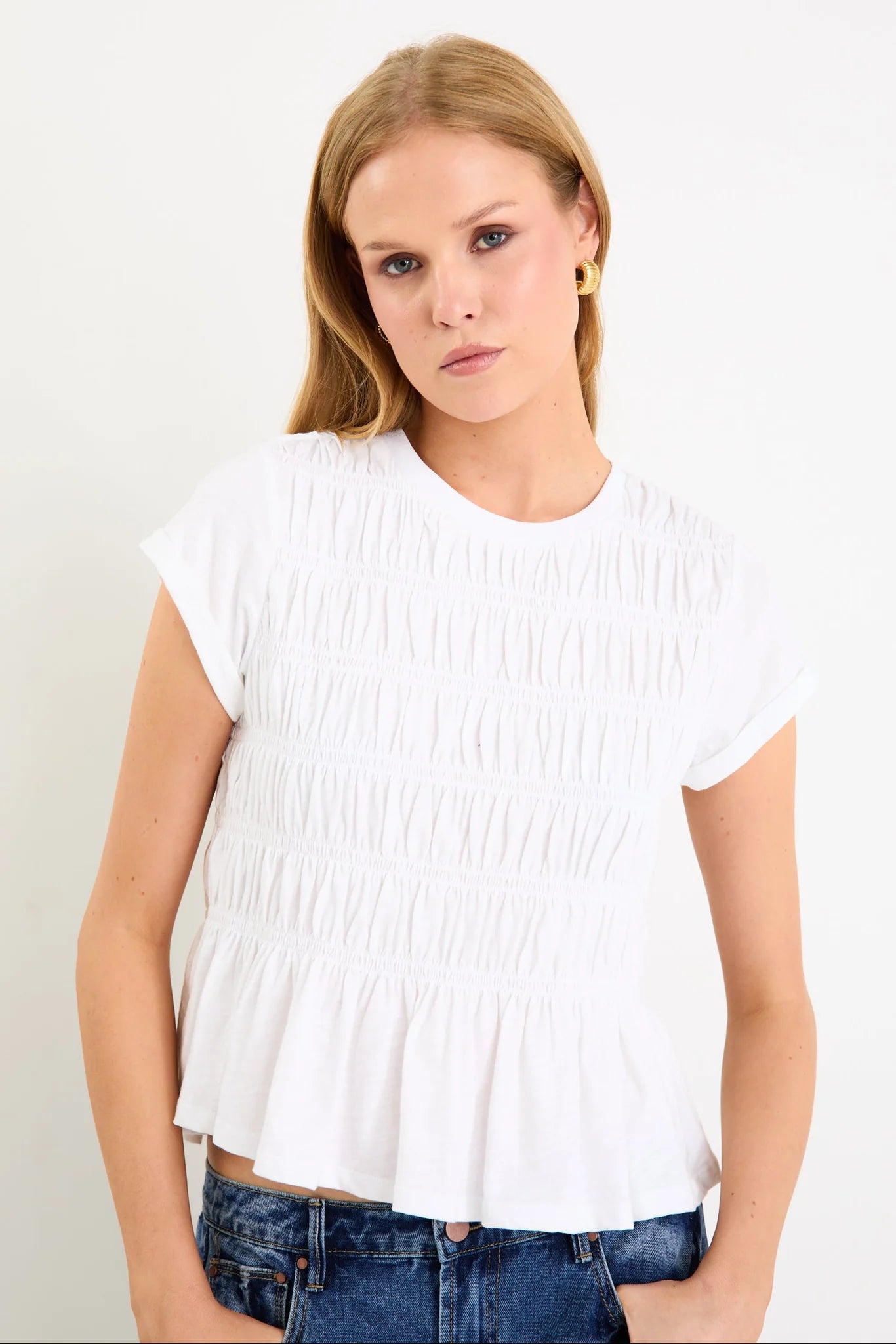 Neat White Slub Shirred Tee