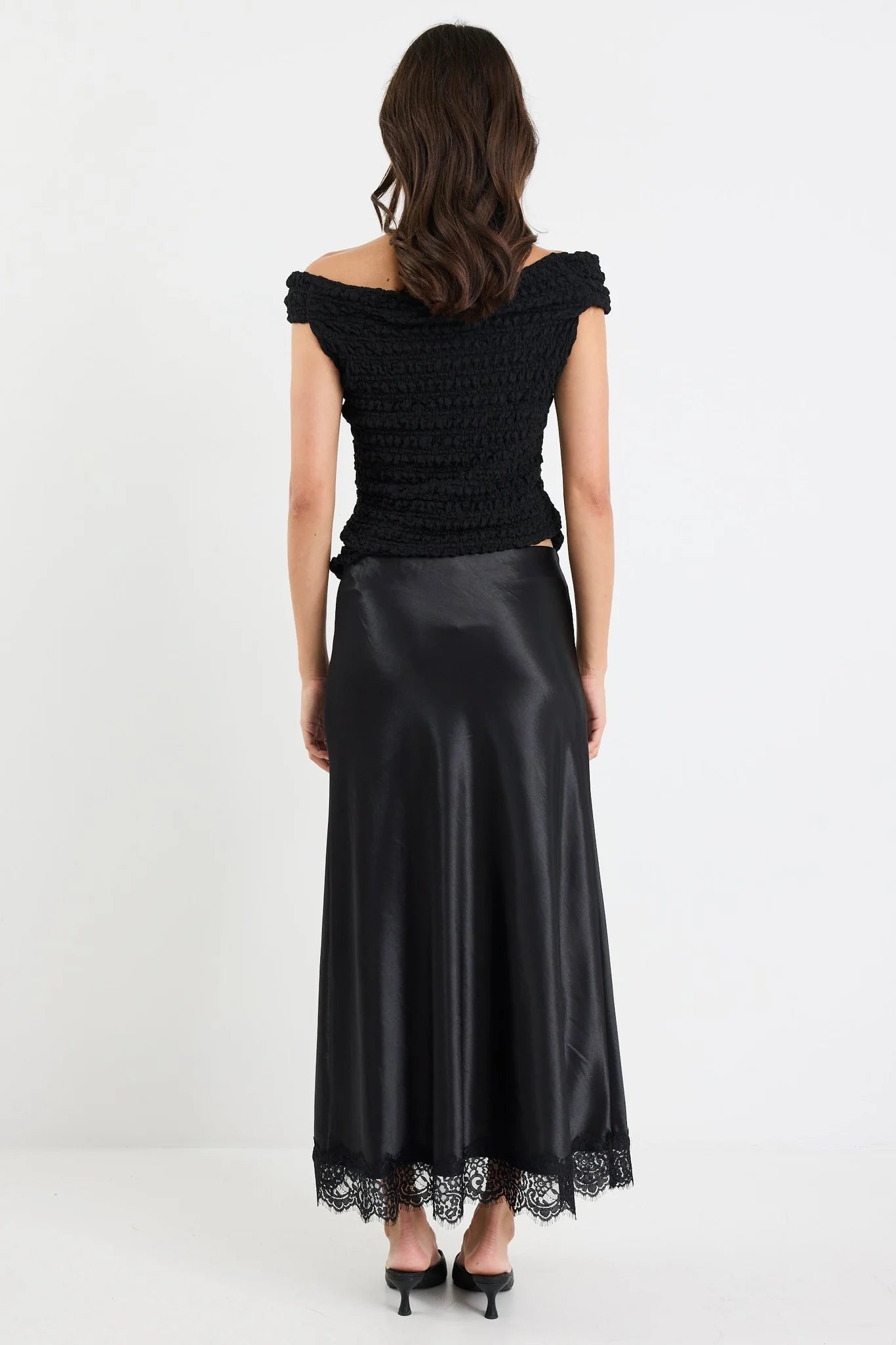Margarita Black Satin Lace Trim Maxi Skirt