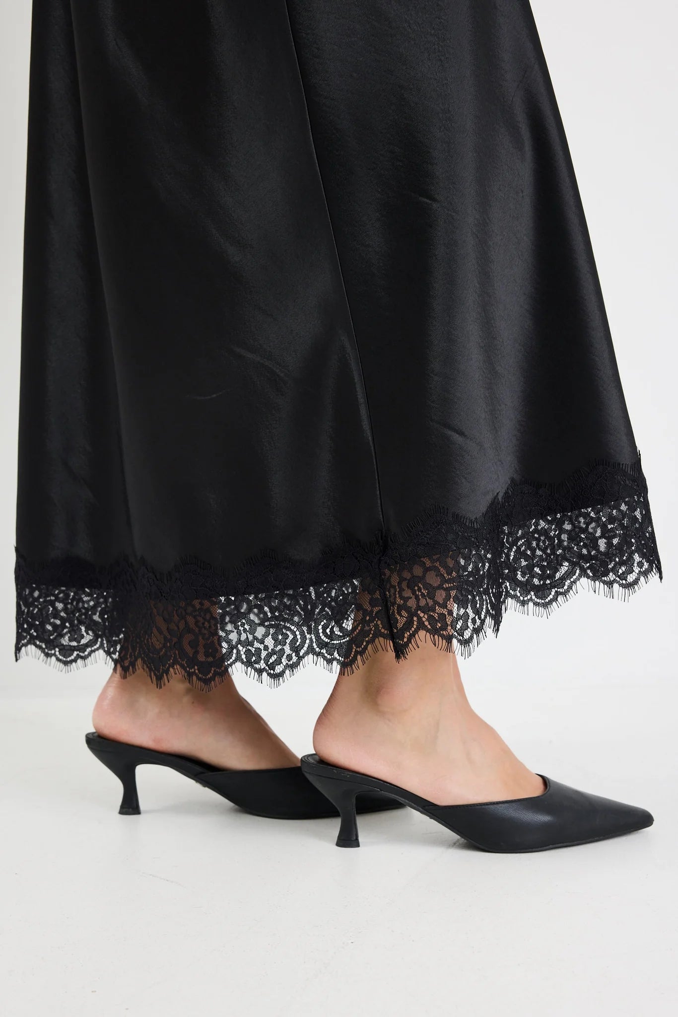 Margarita Black Satin Lace Trim Maxi Skirt