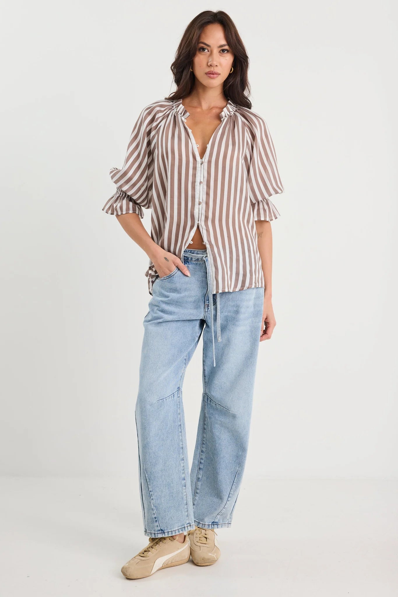 Noetic Chocolate Stripe SS  Blouse