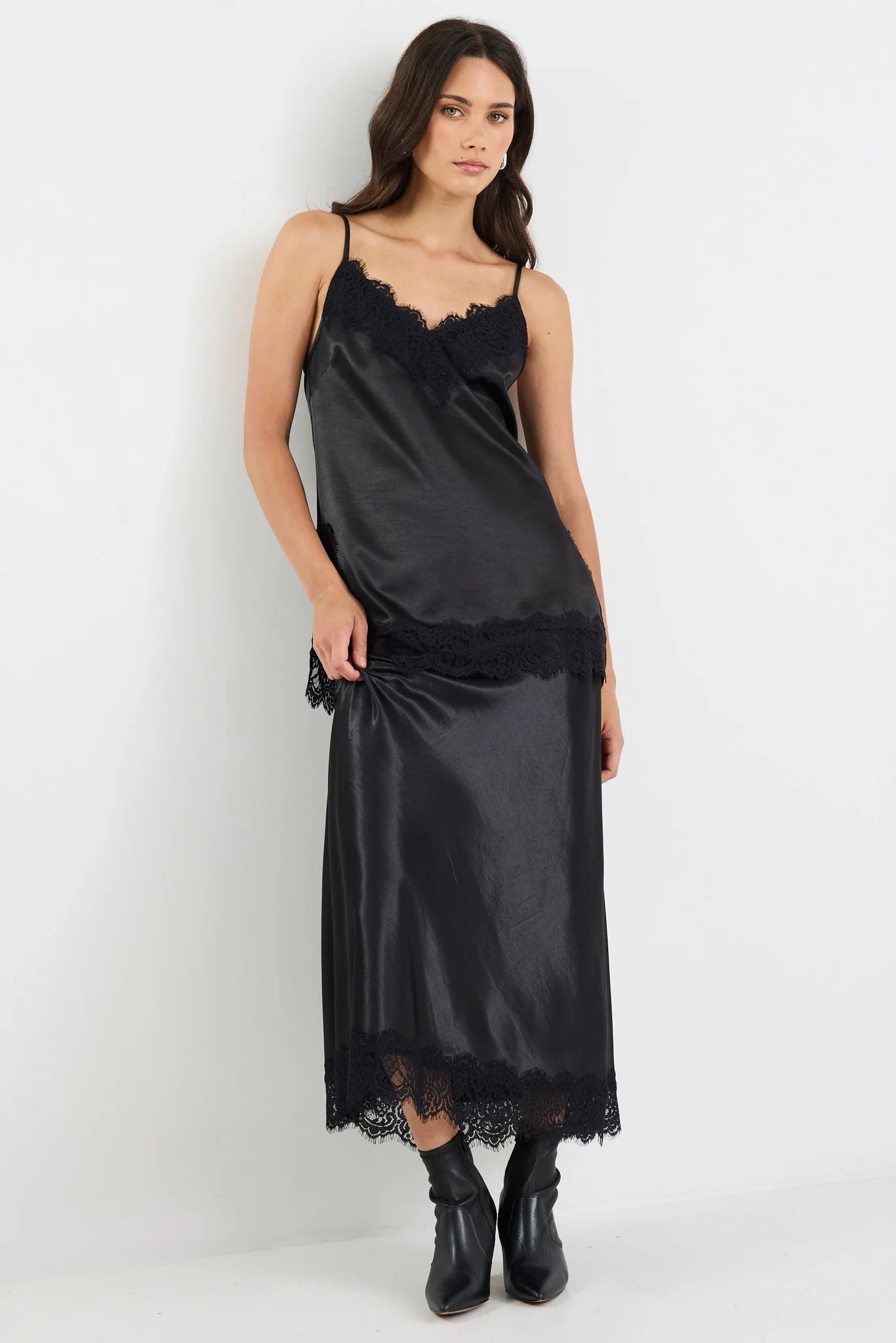Margarita Black Satin Lace Trim Maxi Skirt