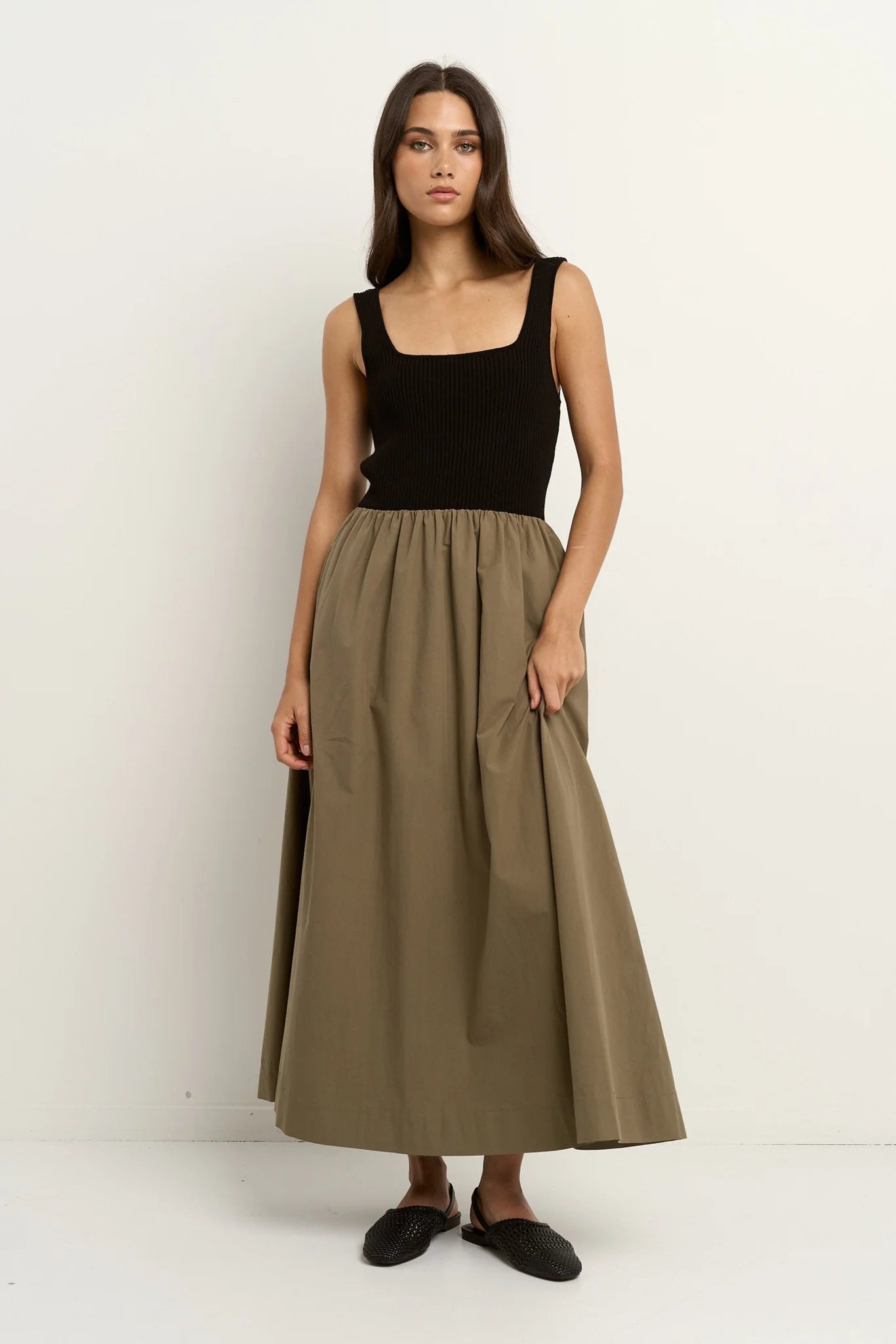 Obsidian Black and Khaki Midi Dress