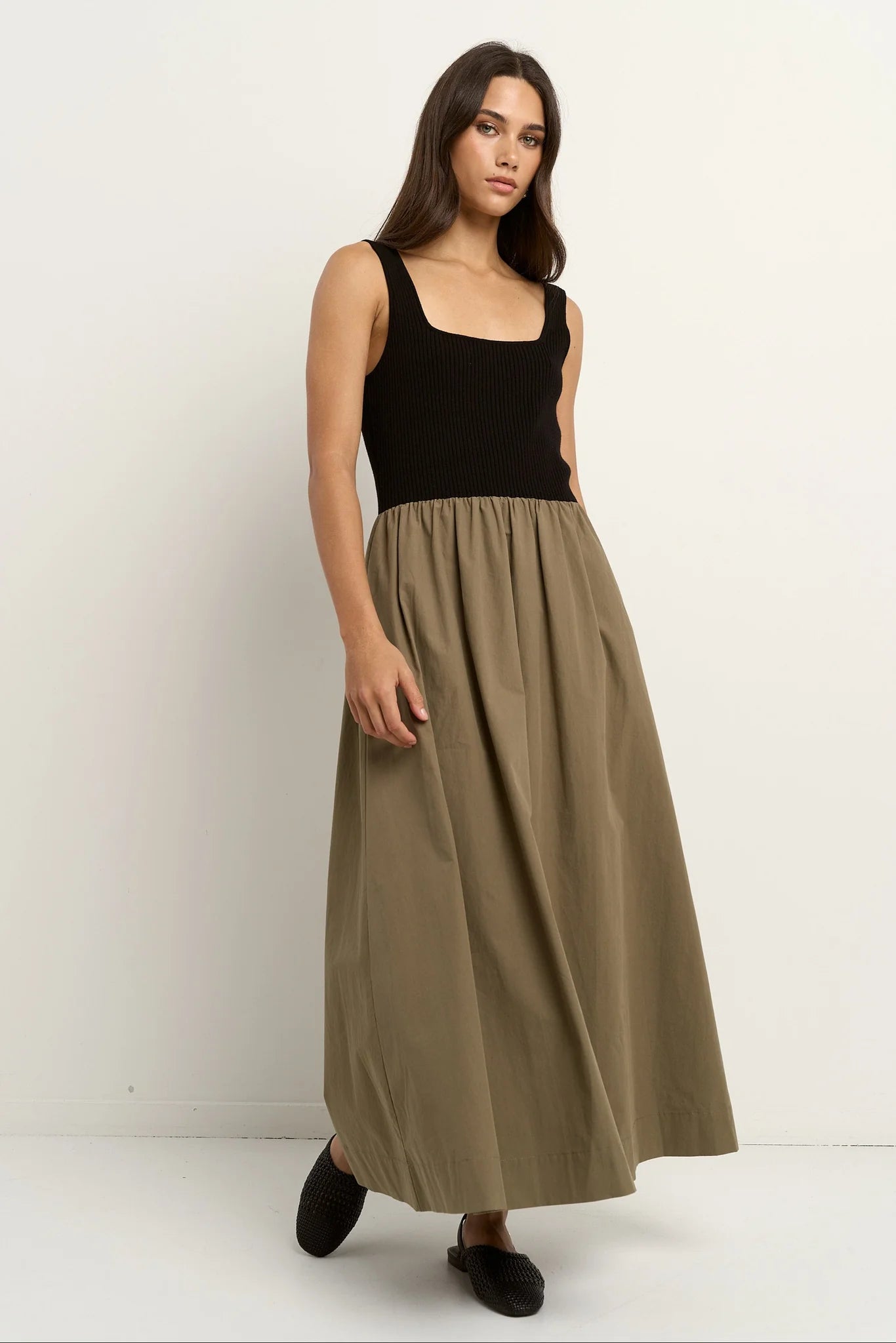 Obsidian Black and Khaki Midi Dress