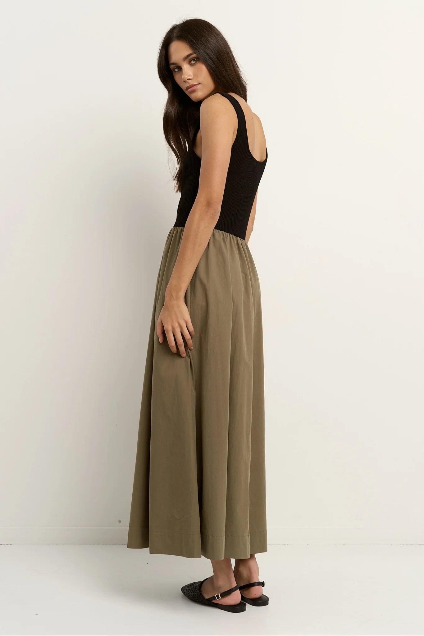 Obsidian Black and Khaki Midi Dress