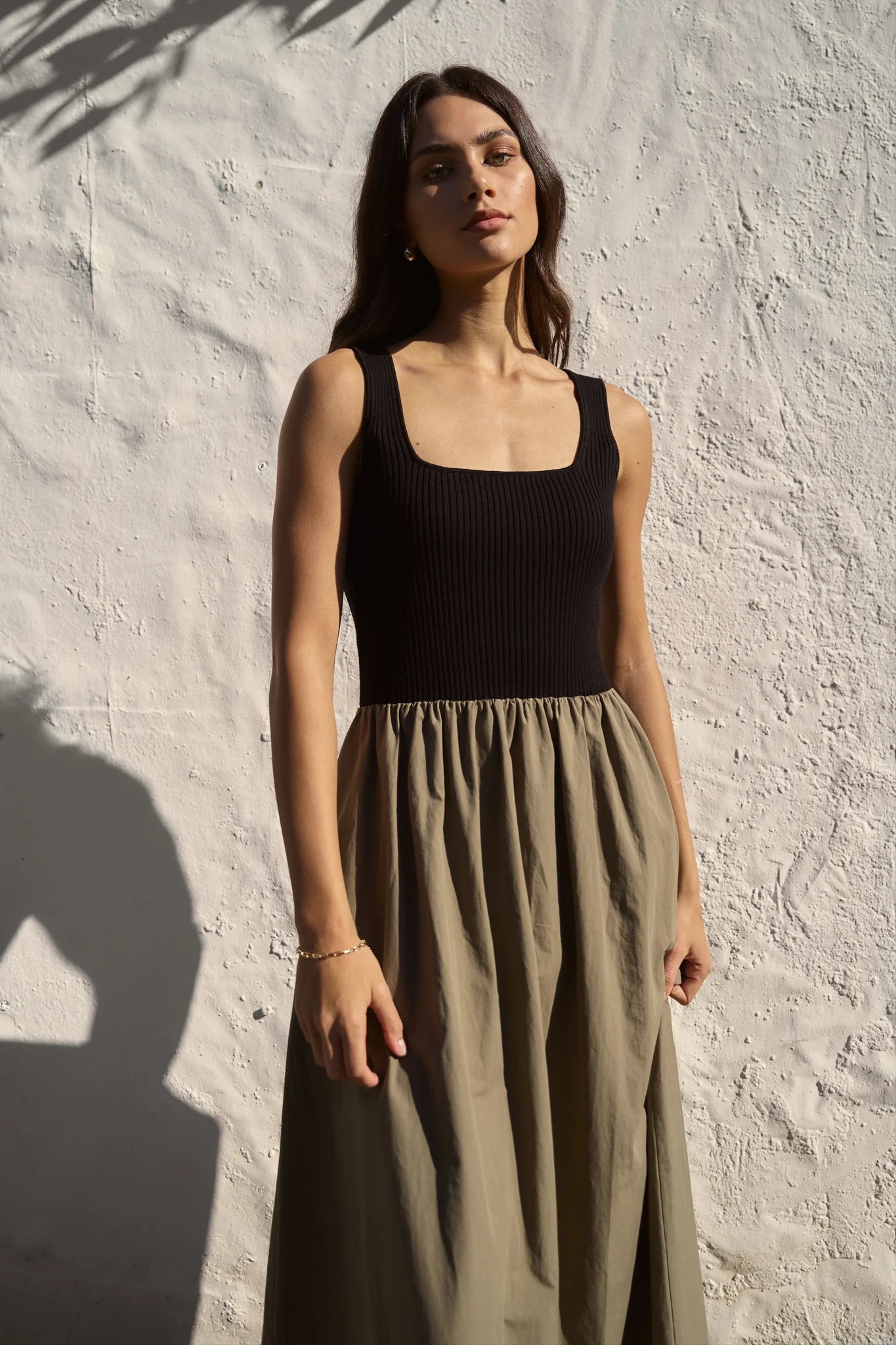 Obsidian Black and Khaki Midi Dress