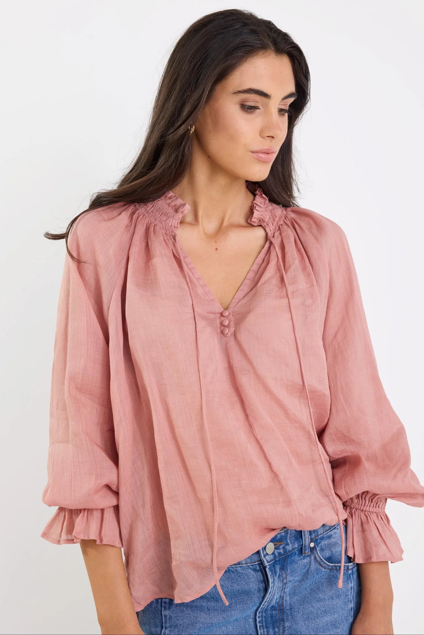 Odyssey blush shirred neck button long sleeve top