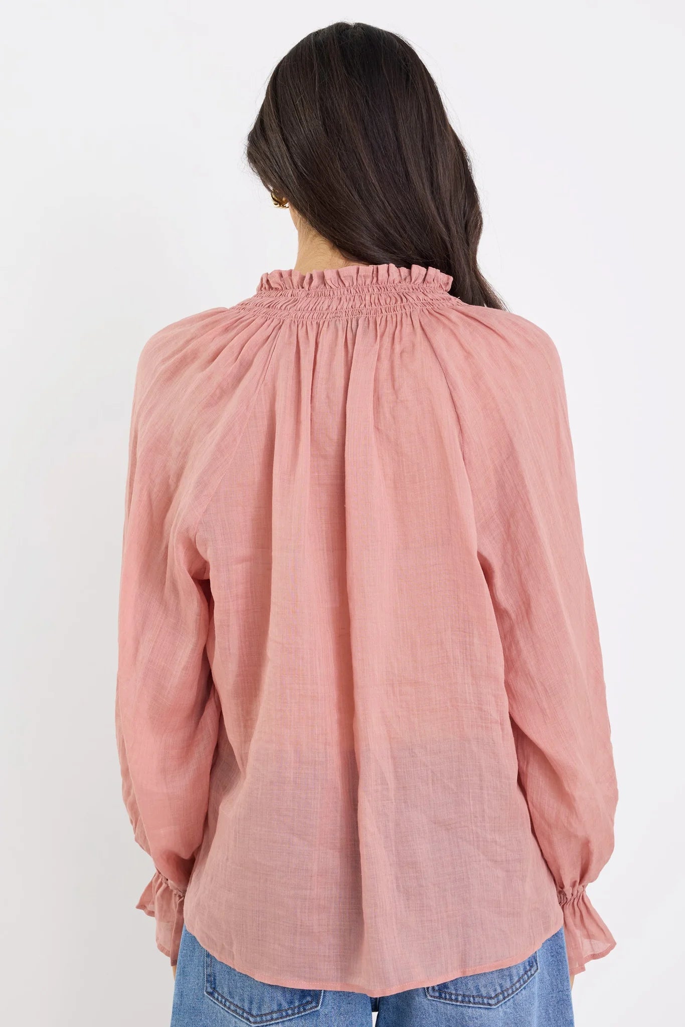 Odyssey blush shirred neck button long sleeve top