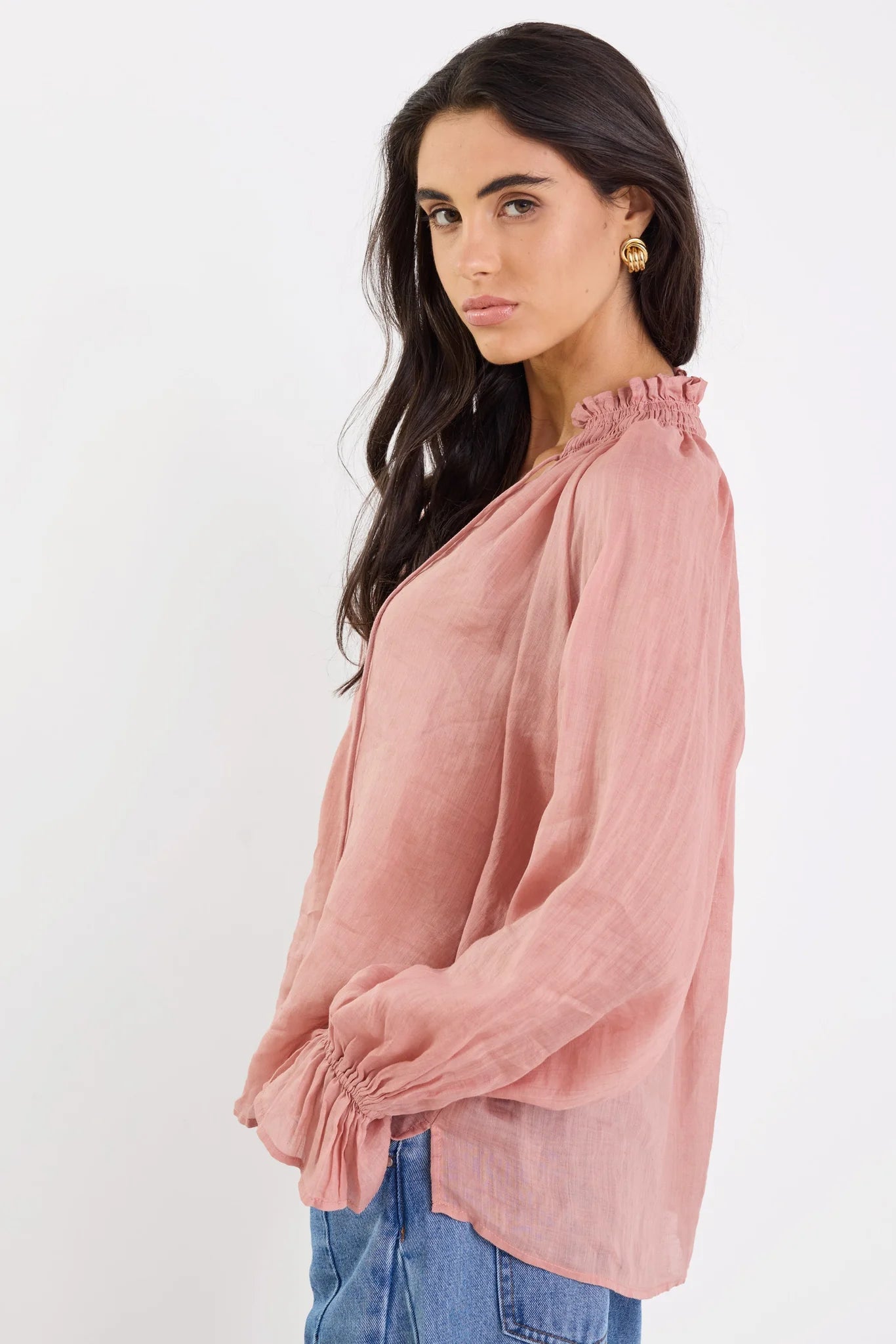 Odyssey blush shirred neck button long sleeve top