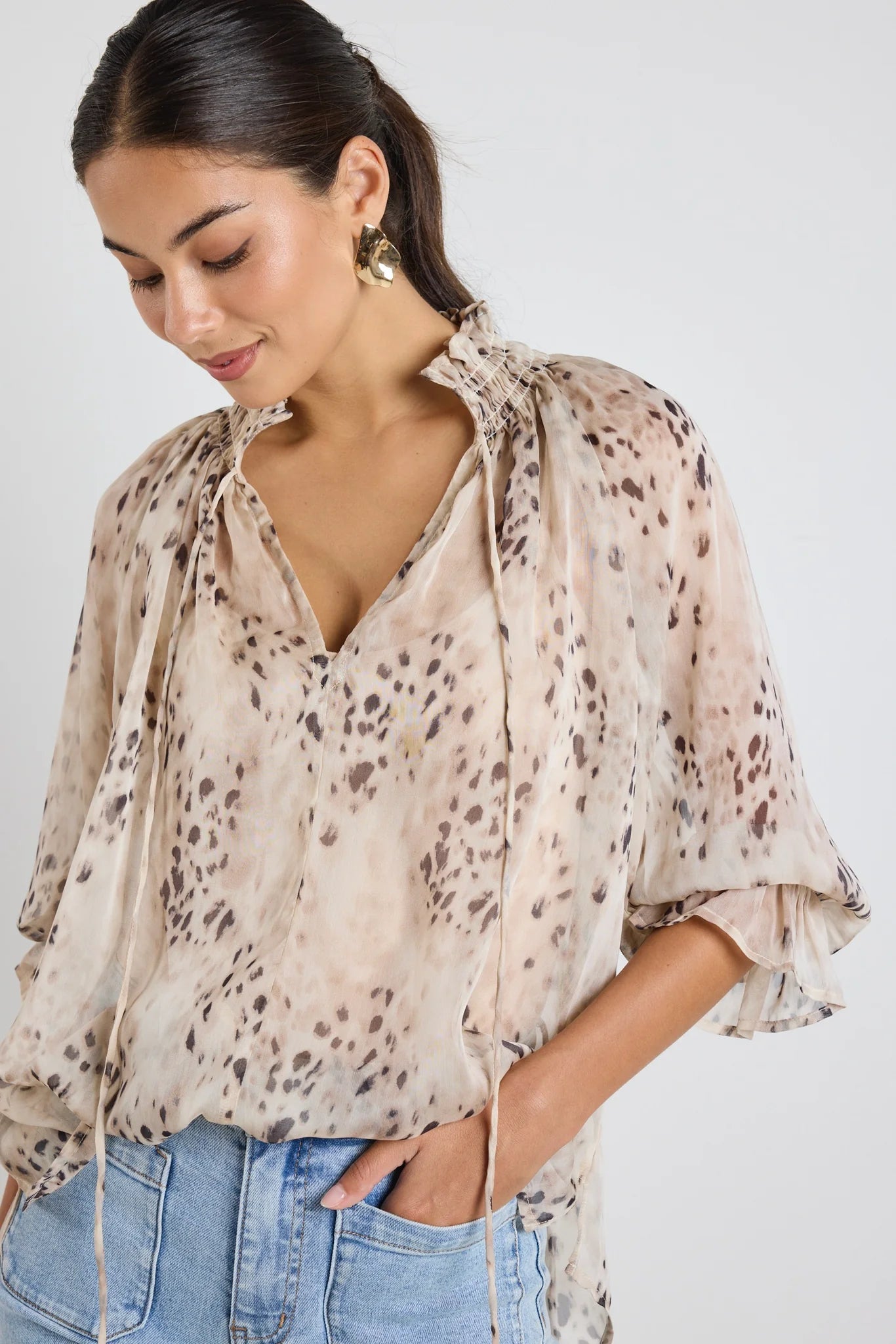 Odyssey Beige Leopard Shirred Top