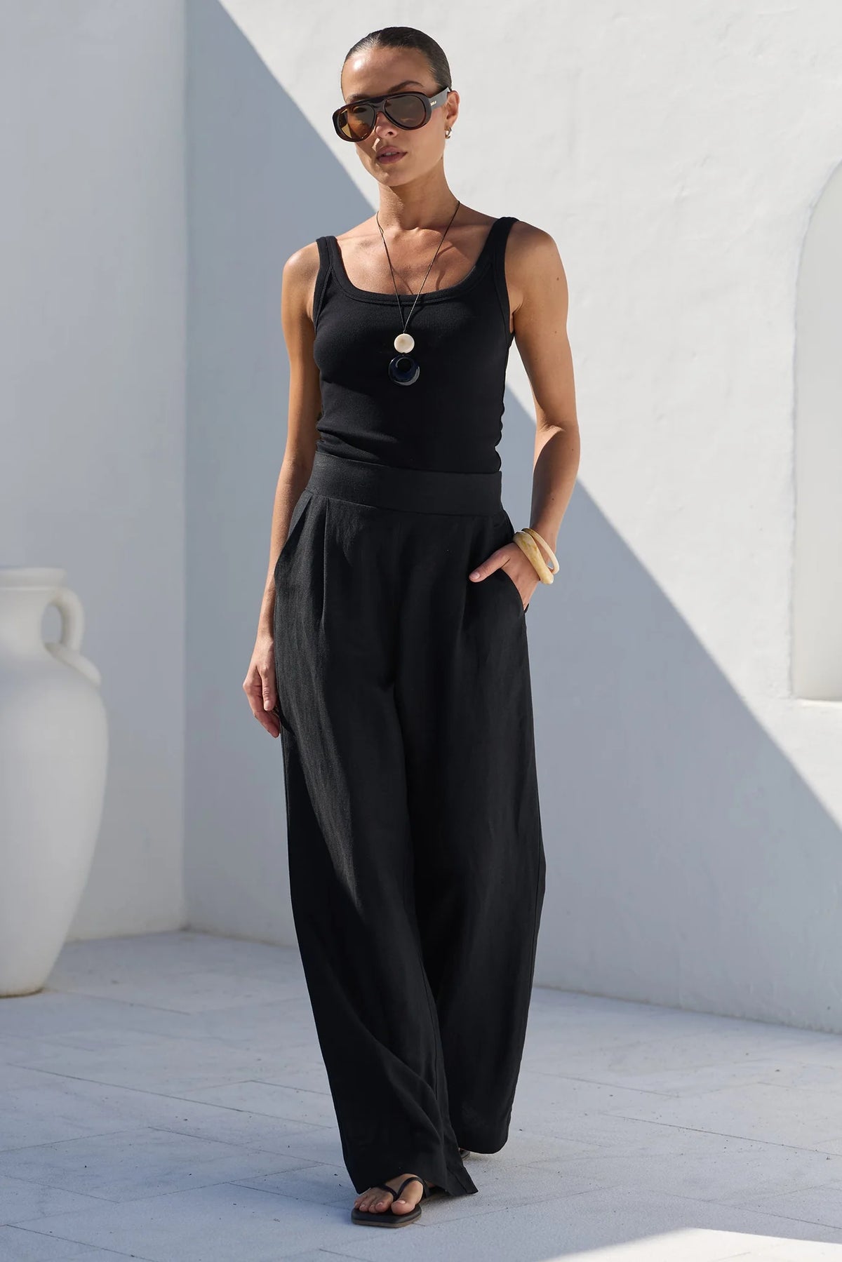 Guardian black linen viscose elastic back pants