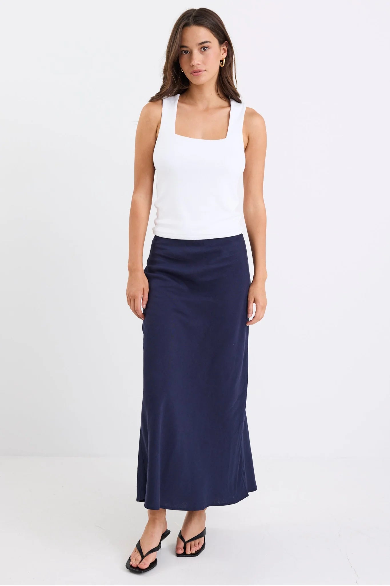 Bliss Navy Linen Midi Skirt