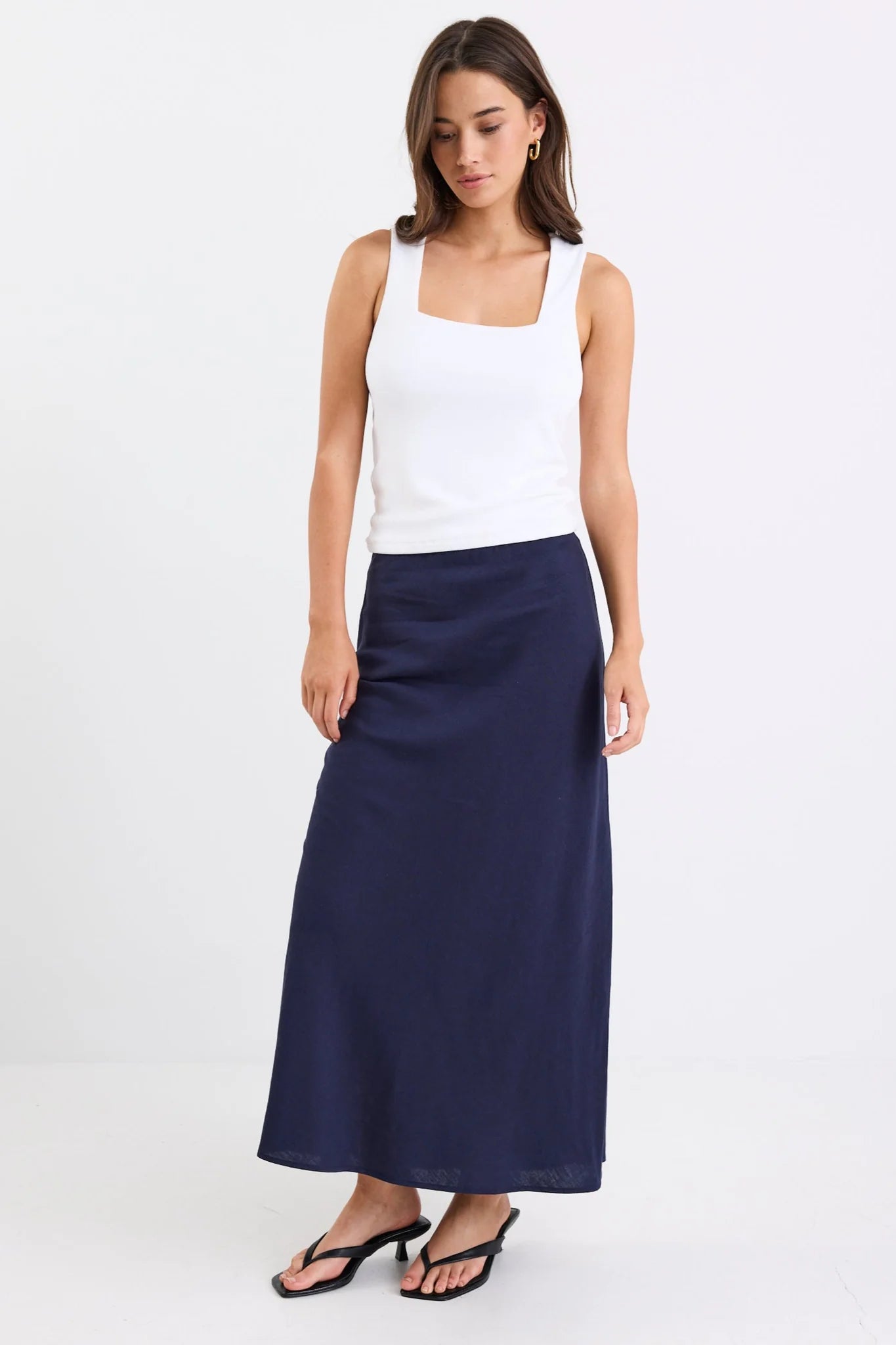 Bliss Navy Linen Midi Skirt