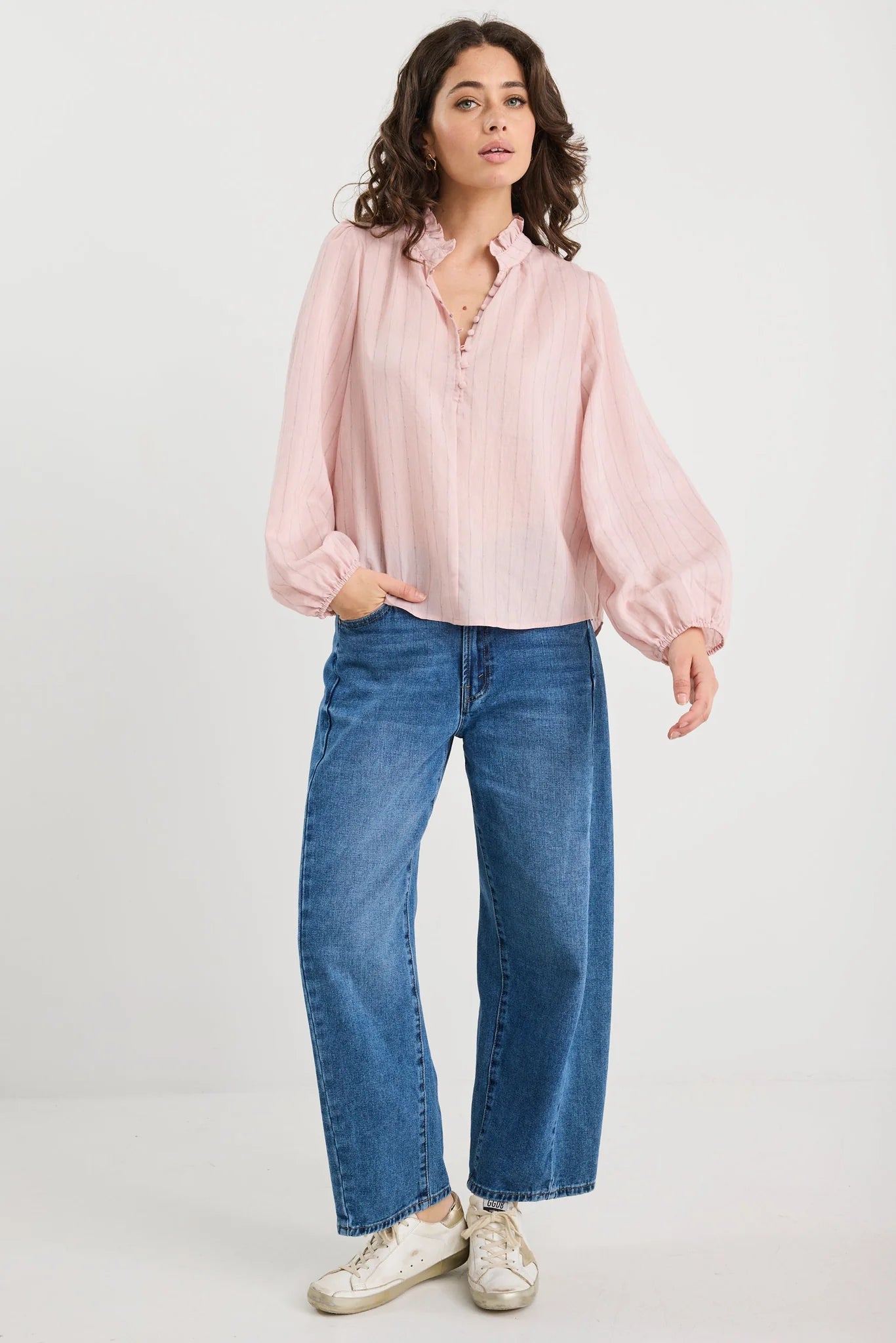 Premise blush stripe high neck buttoned l/s top
