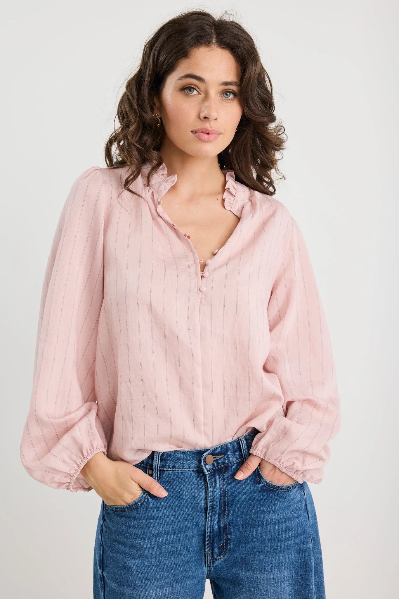 Premise blush stripe high neck buttoned l/s top