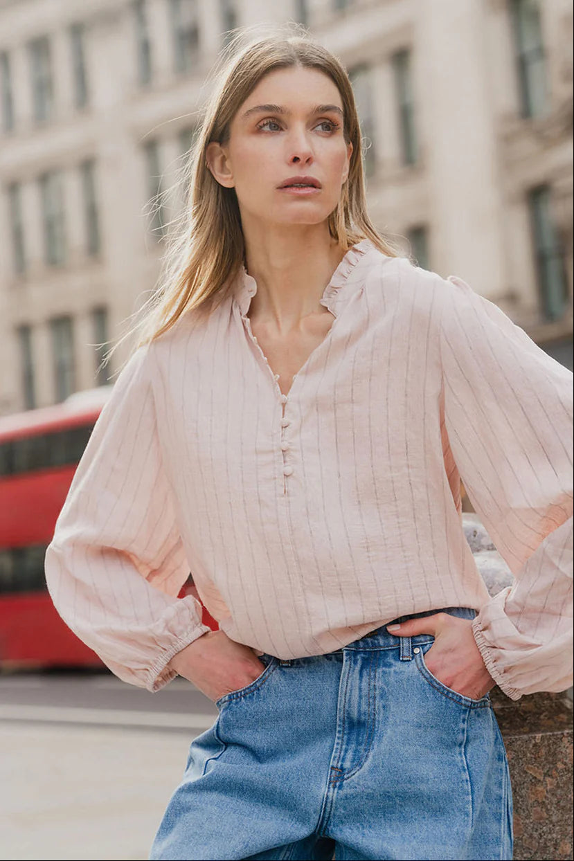 Premise blush stripe high neck buttoned l/s top