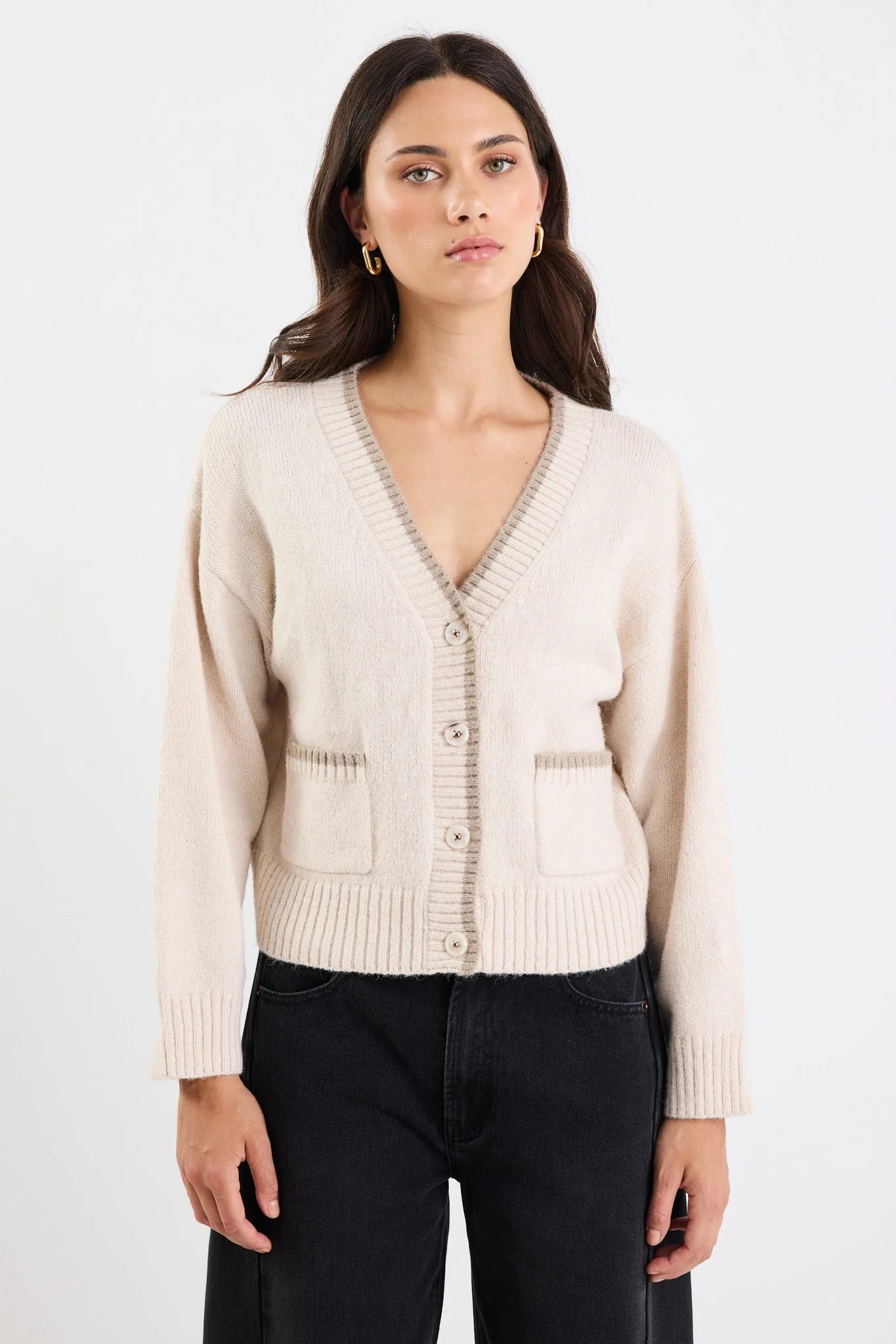 Rapport ivory v neck contrast edge cardigan