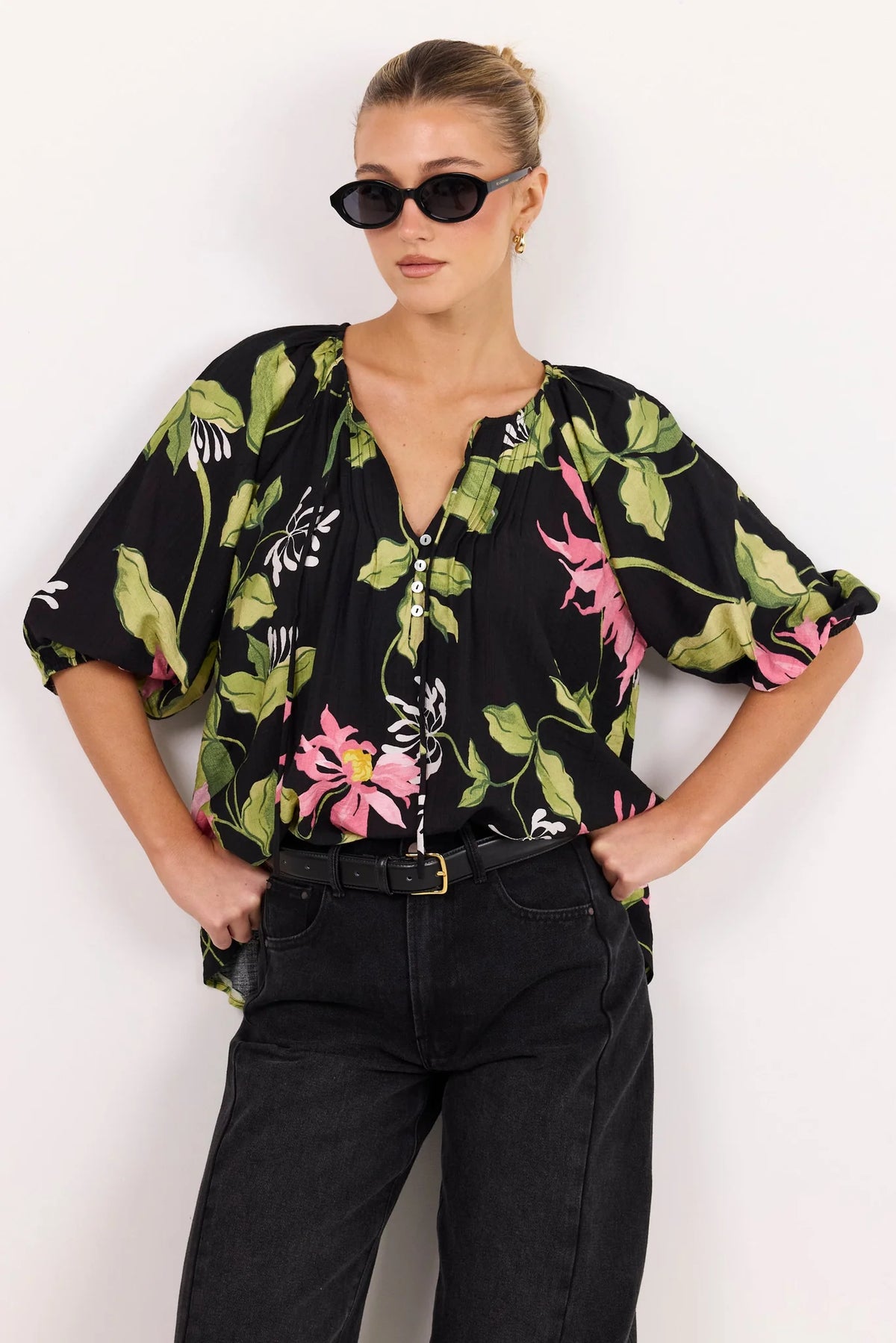 Refine Black Blush Floral Pintuck Front Mid Sleeve Top