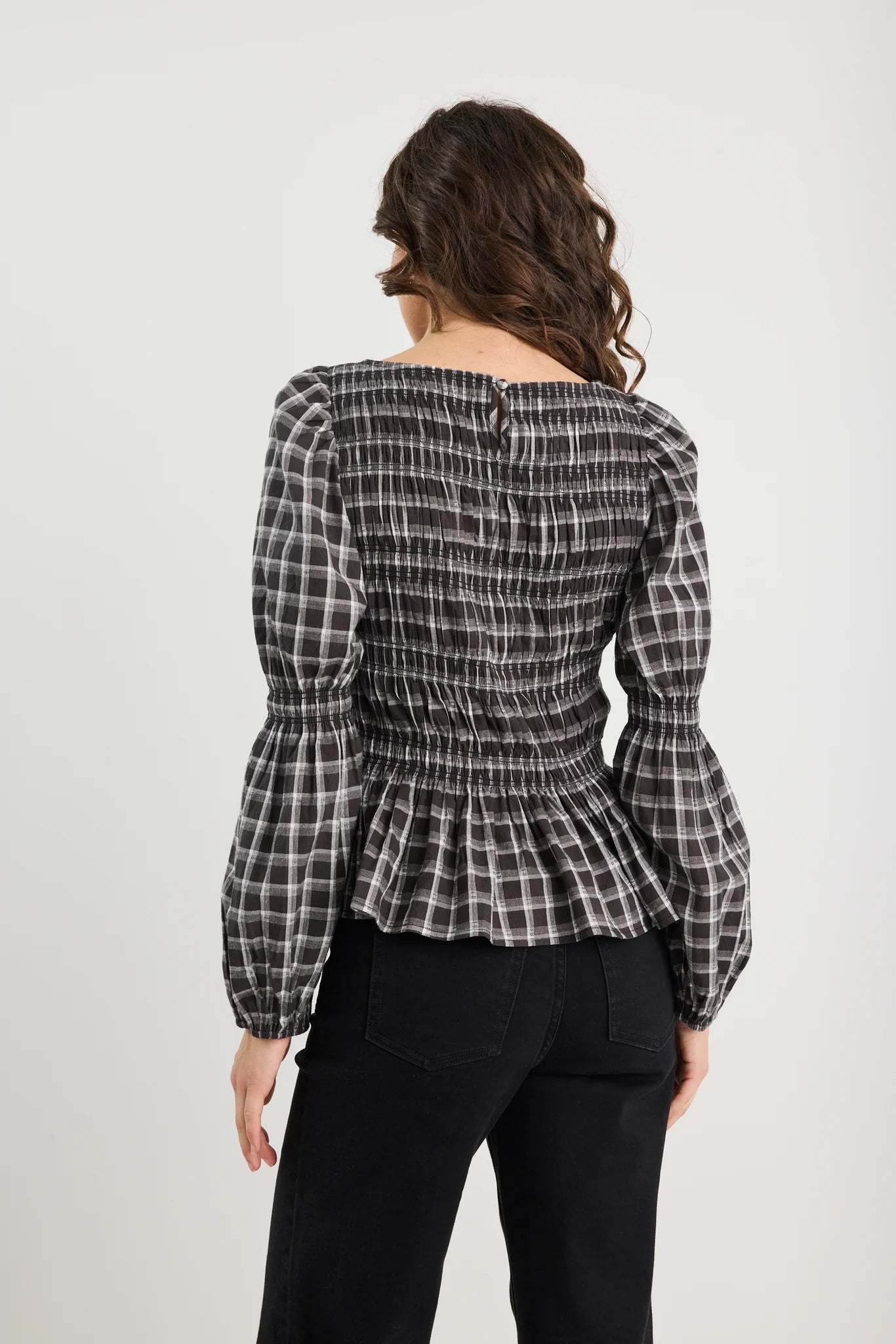 Required black check l/s shirred bodice top