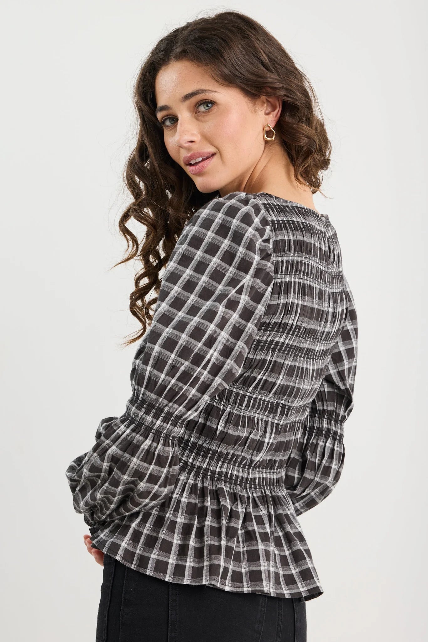 Required black check l/s shirred bodice top
