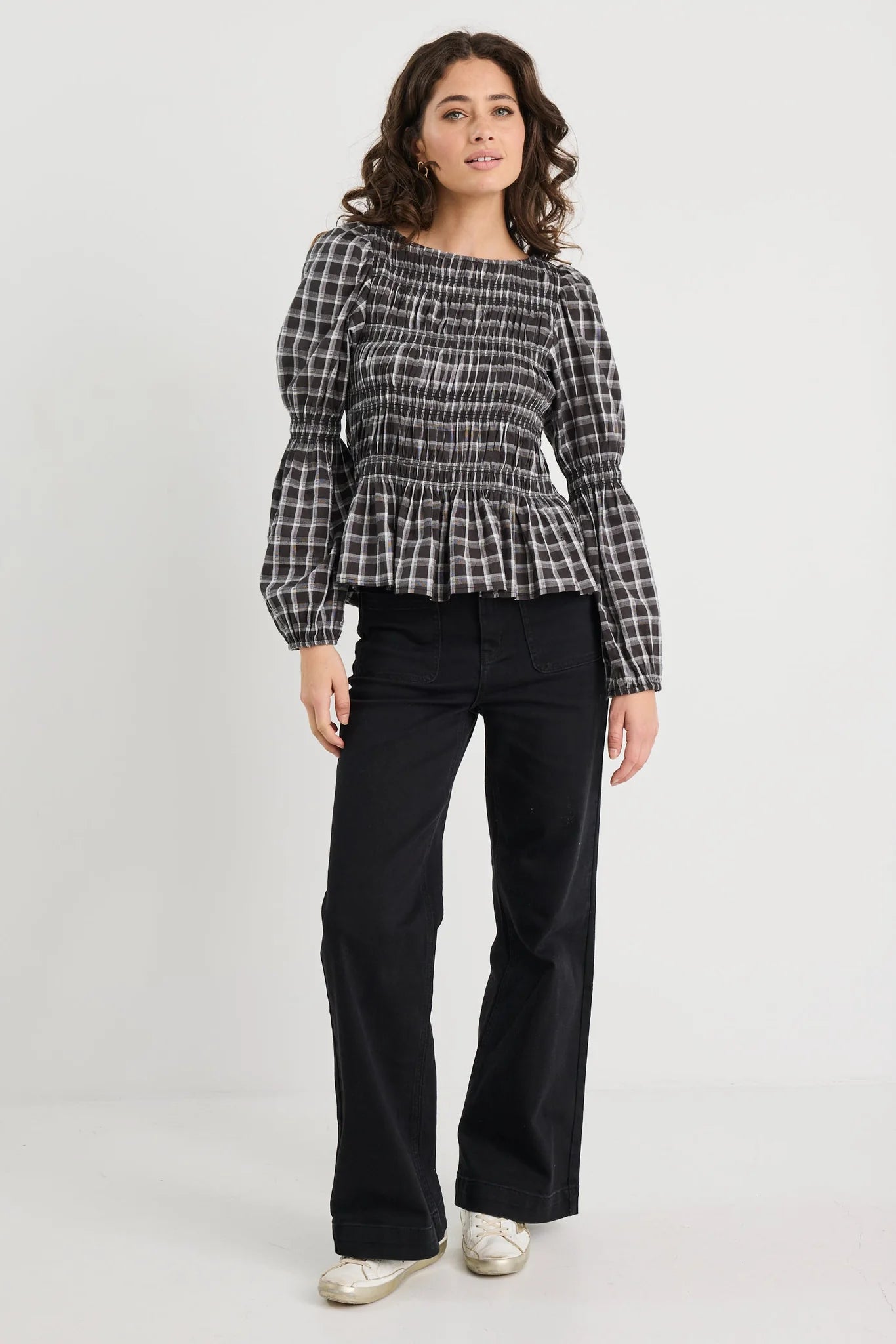 Required black check l/s shirred bodice top