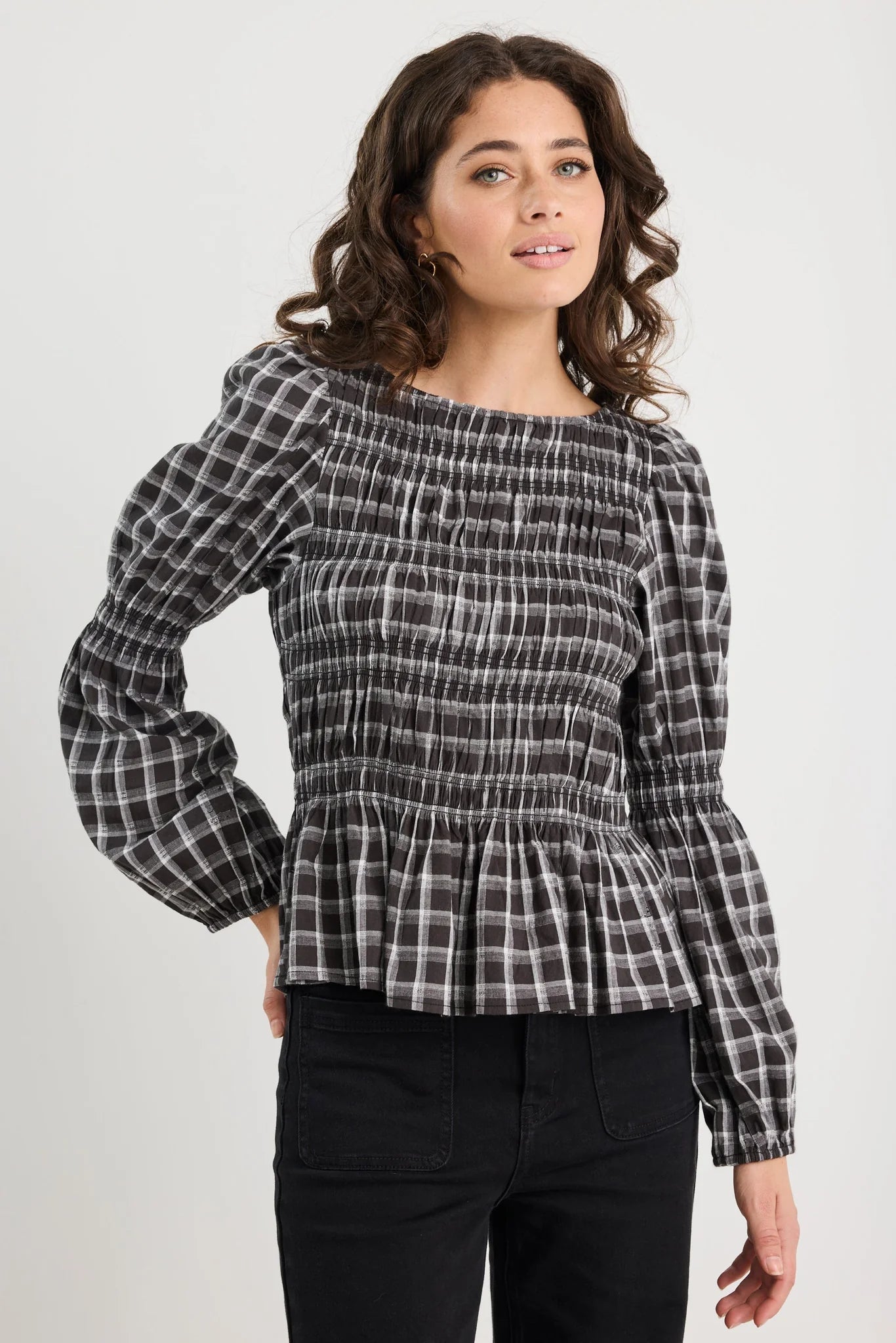 Required black check l/s shirred bodice top