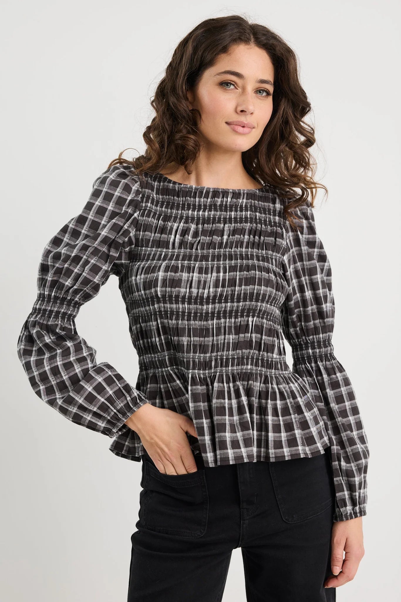 Required black check l/s shirred bodice top