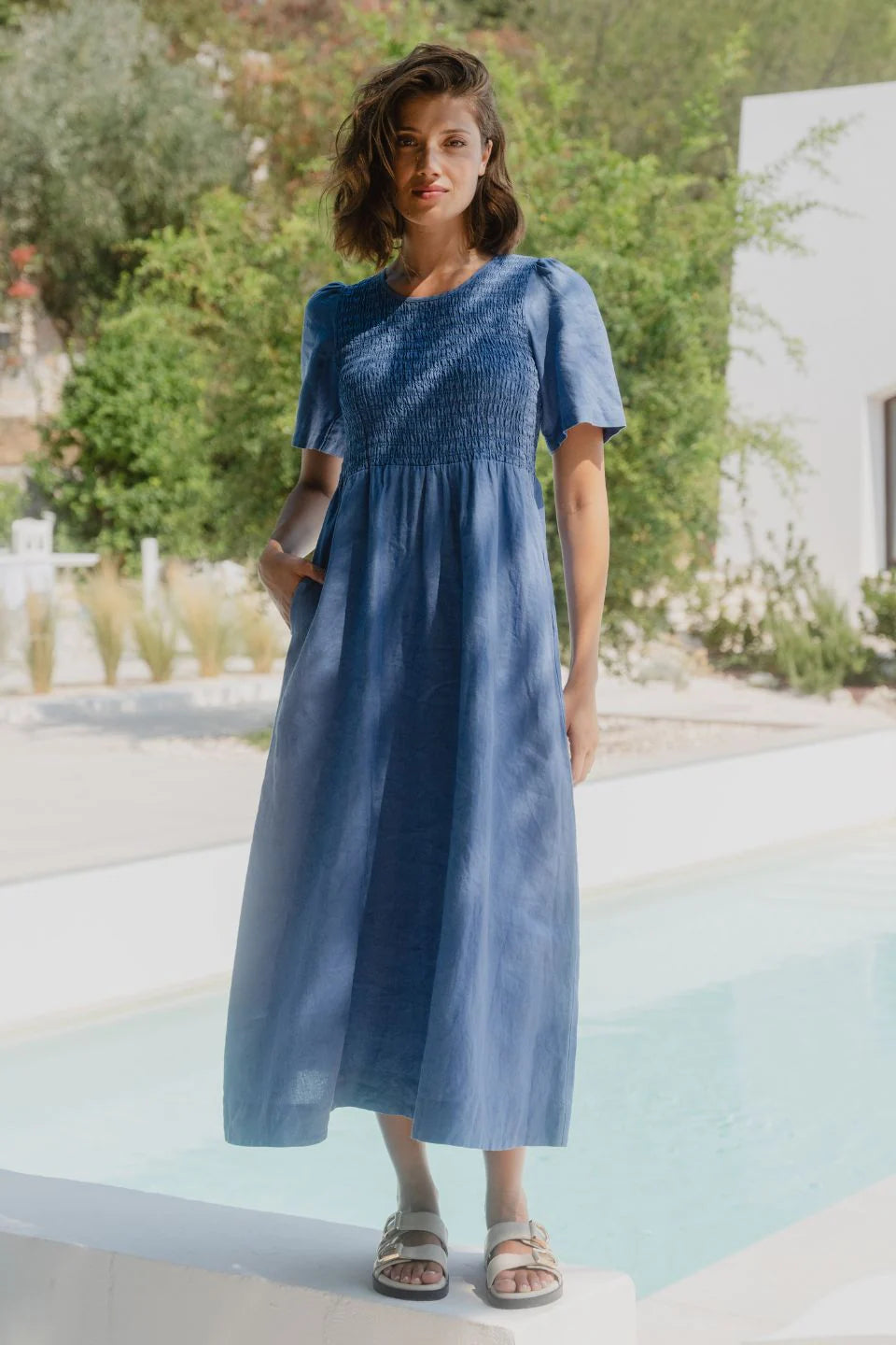 Wren Cornflower Blue Linen Midi Dress