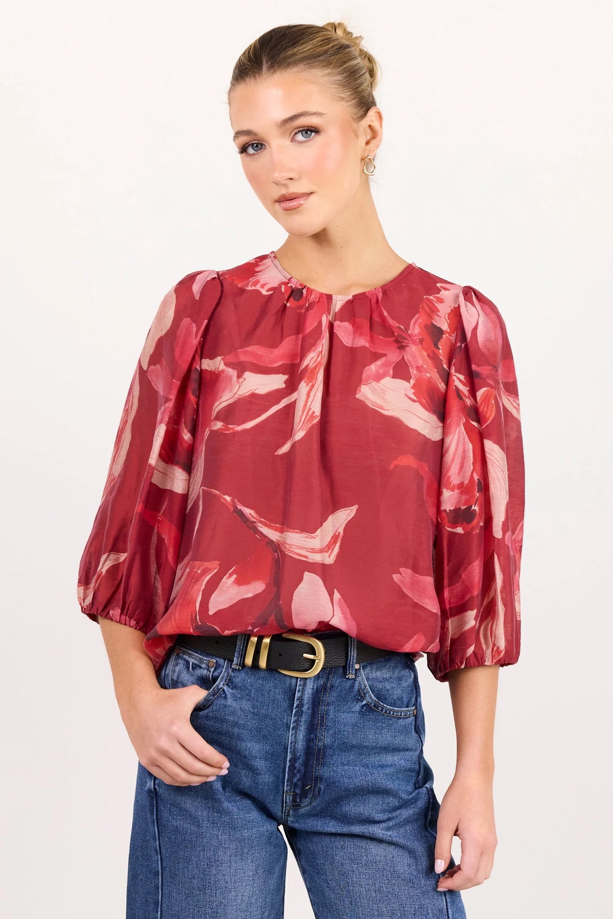 Sincere large red peony shirred back ss top