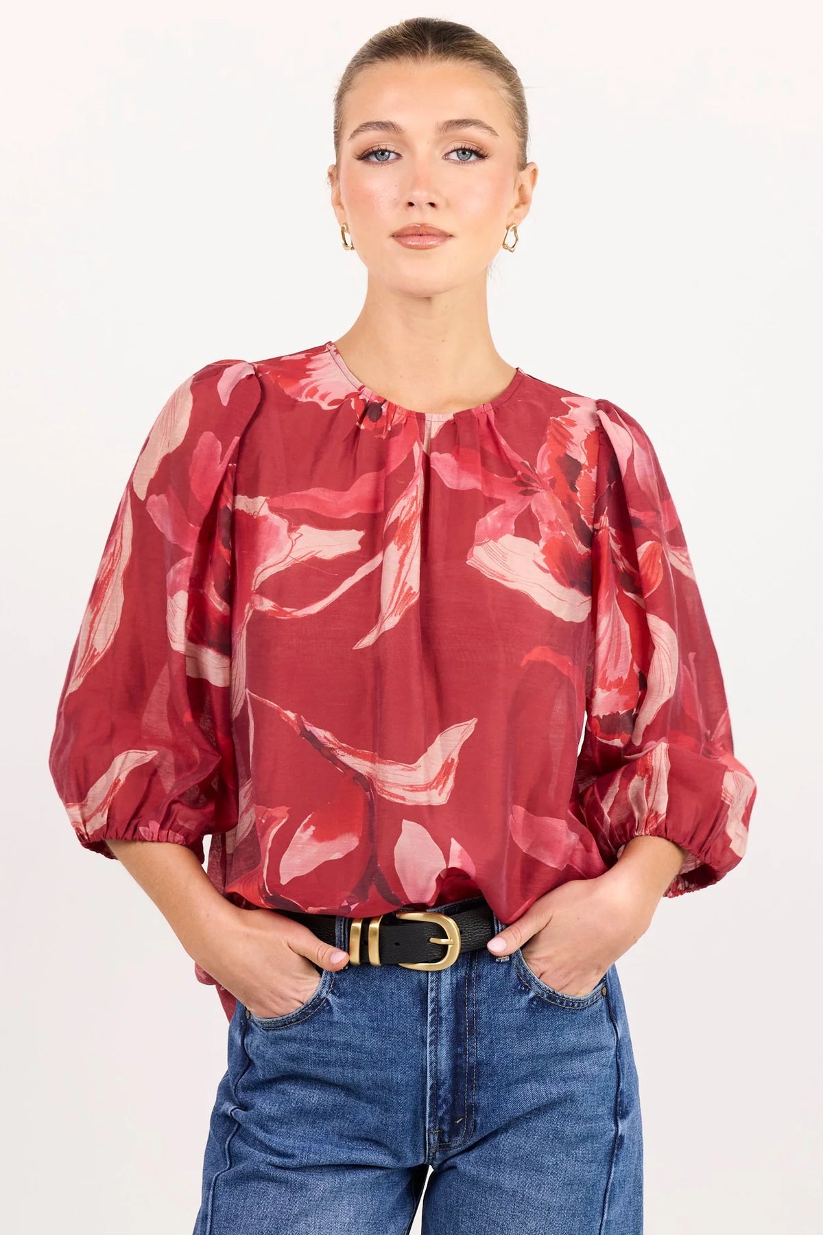 Sincere large red peony shirred back ss top