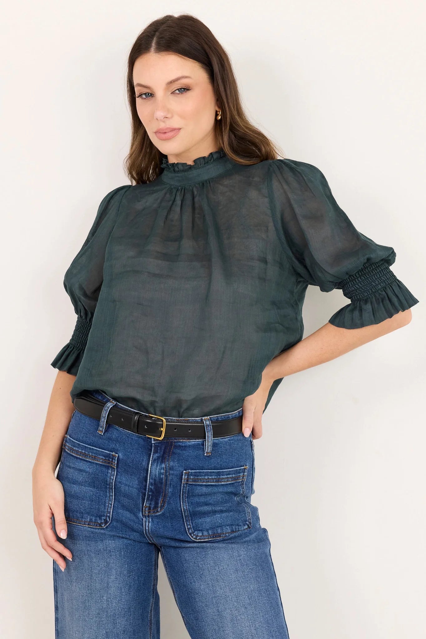 Verse Petrol Sheer High Neck Top