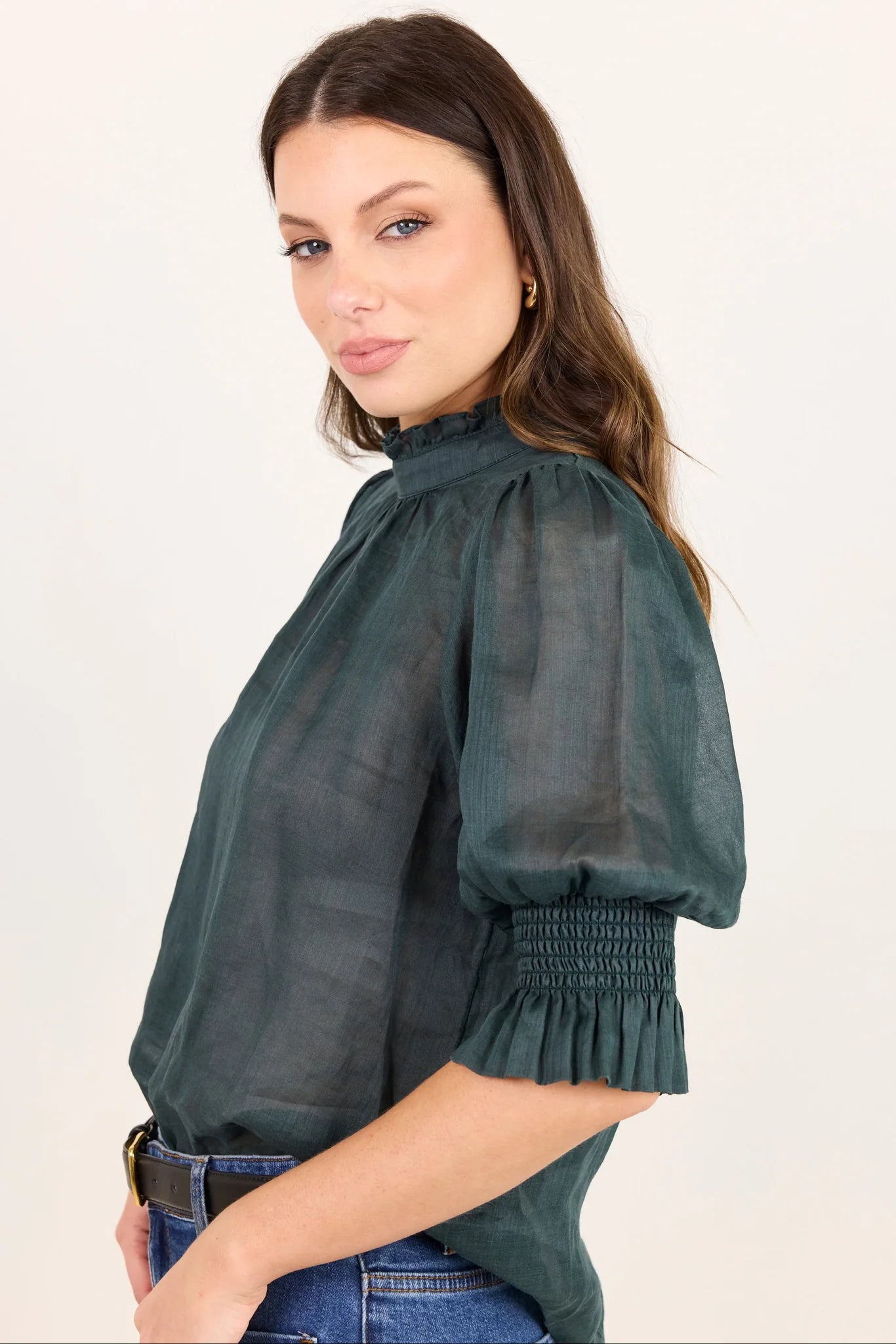 Verse Petrol Sheer High Neck Top