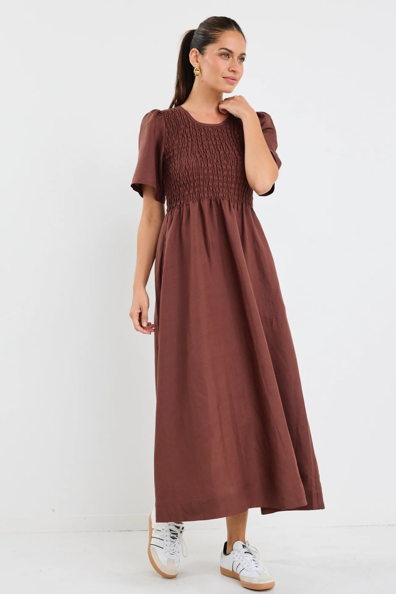 Wren Chocolate Shirred Midi Dress