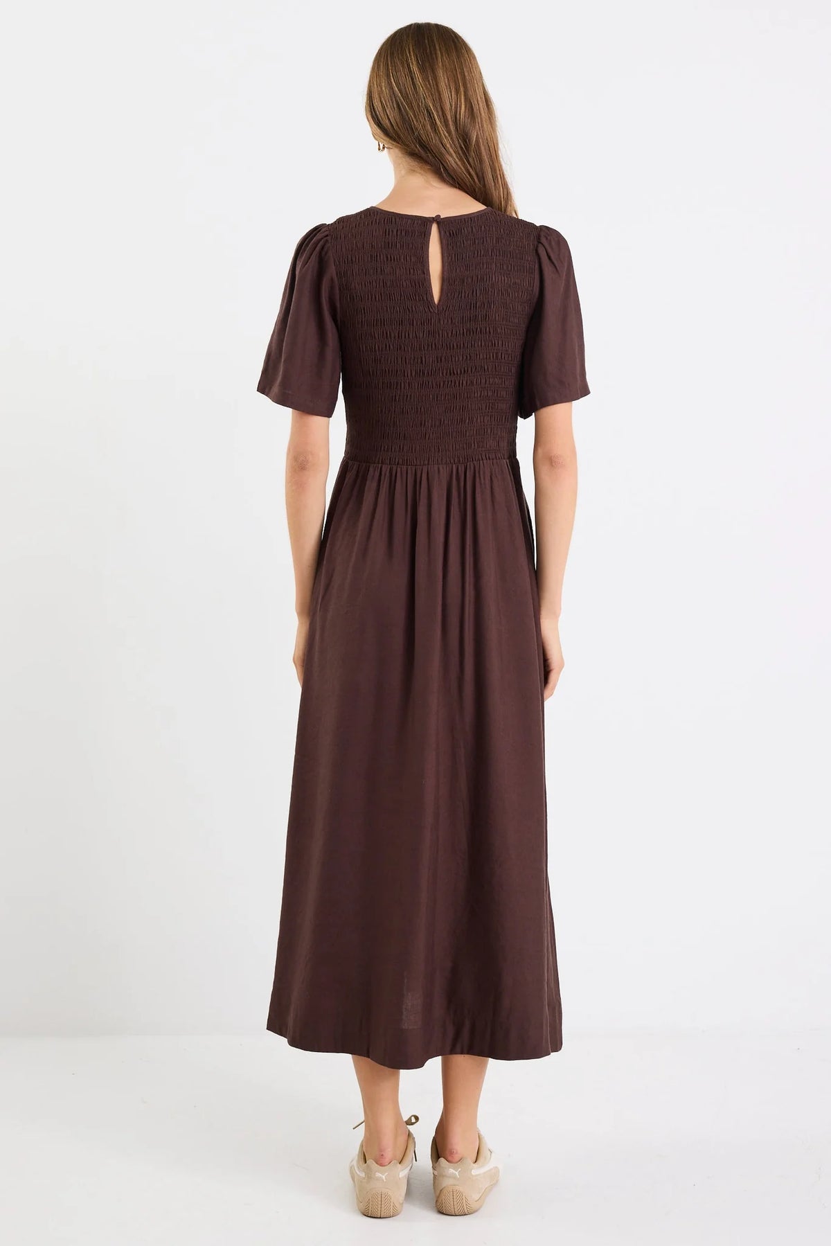 Wren Chocolate Linen Blend SS Shirred Bodice Midi Dress
