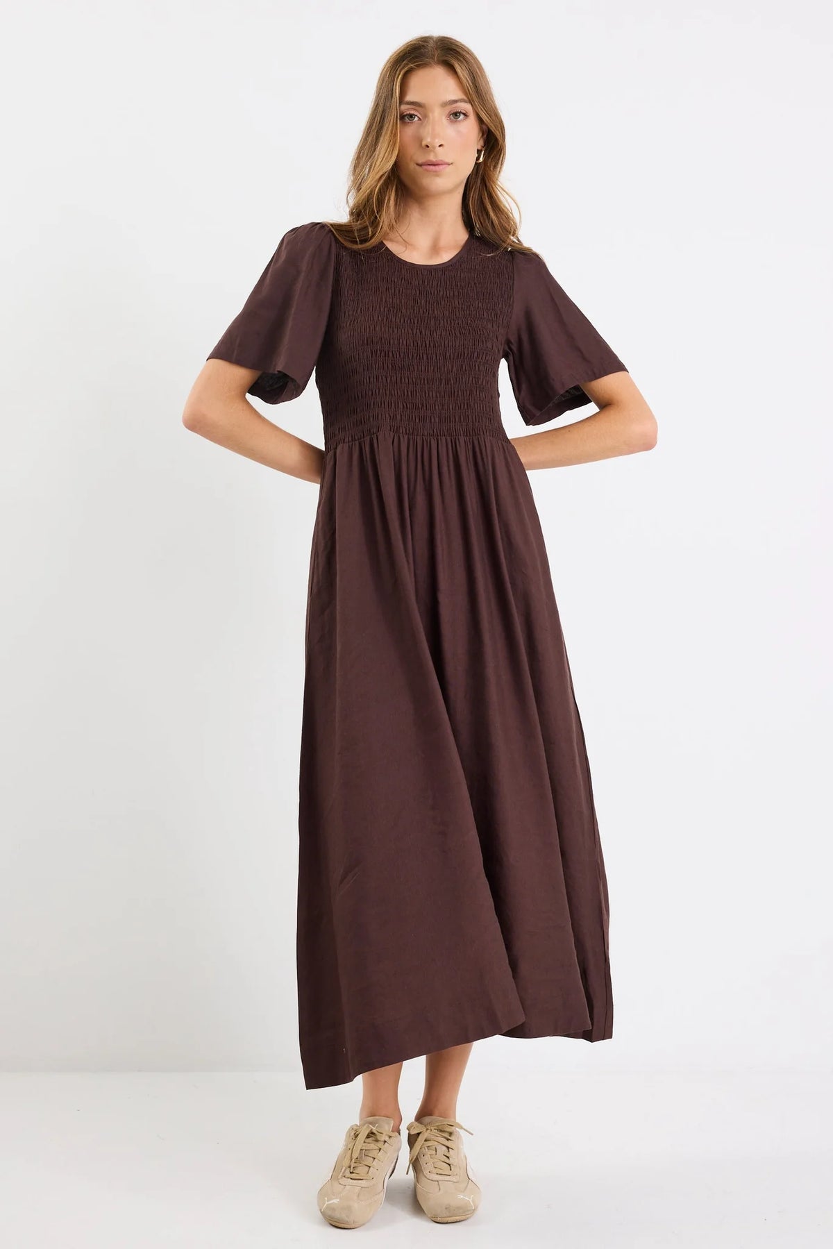 Wren Chocolate Linen Blend SS Shirred Bodice Midi Dress