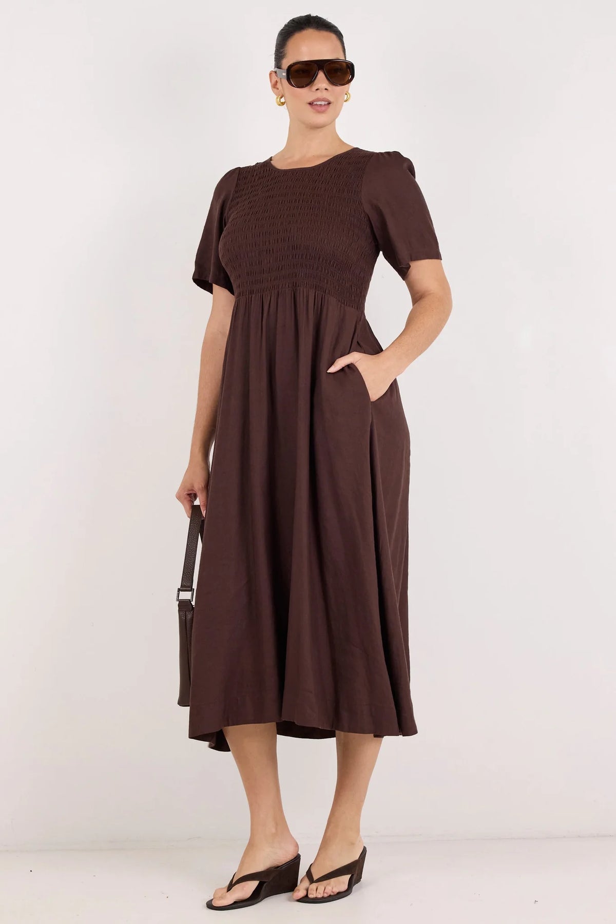 Wren Chocolate Linen Blend SS Shirred Bodice Midi Dress