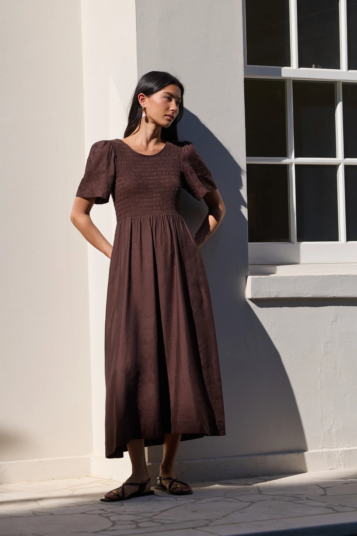 Wren Chocolate Linen Blend SS Shirred Bodice Midi Dress