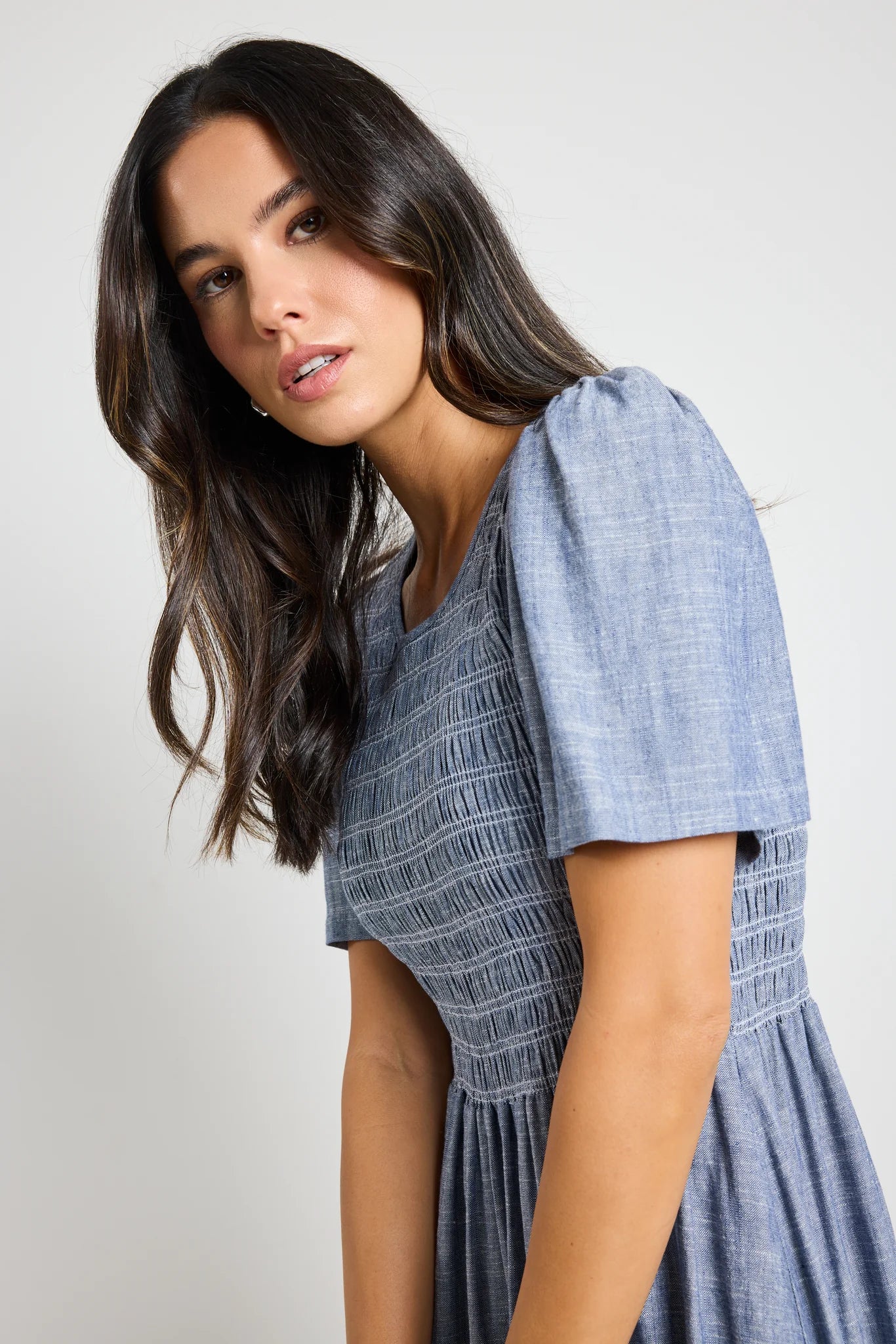 Wren chambray blue s/s shirred midi dress