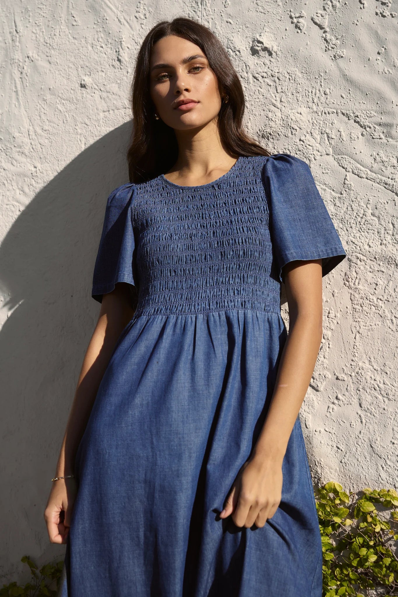 Wren Storm Blue Shirred Midi Dress