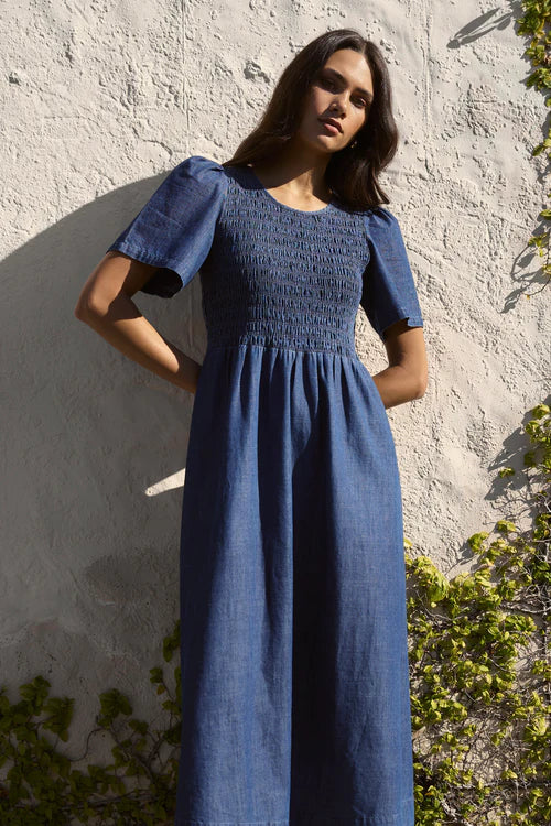 Wren Storm Blue Shirred Midi Dress