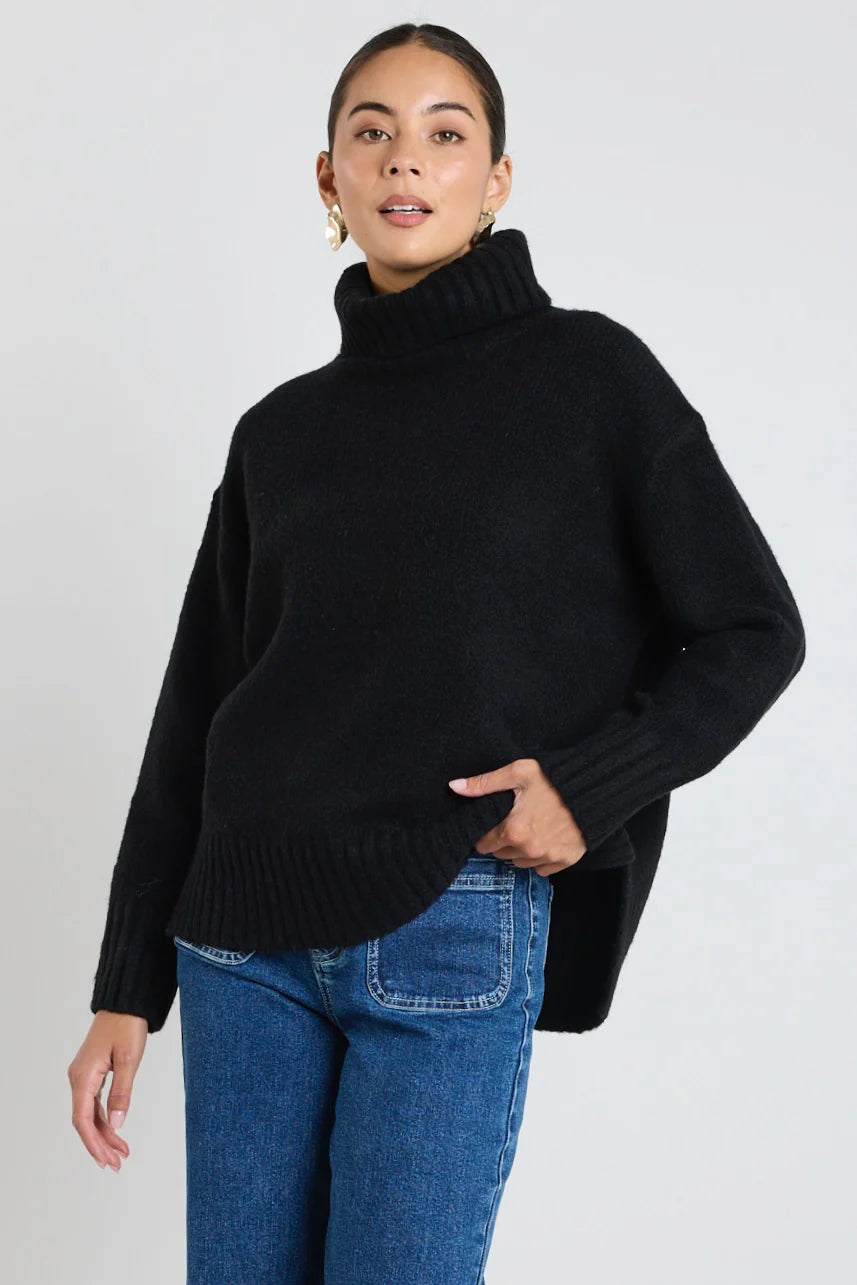 Zealous Black Roll Neck Knit Jumper