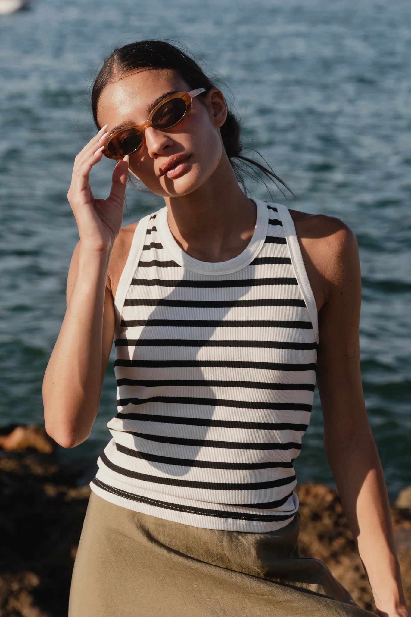Cobble White Black Stripe Rib Tank