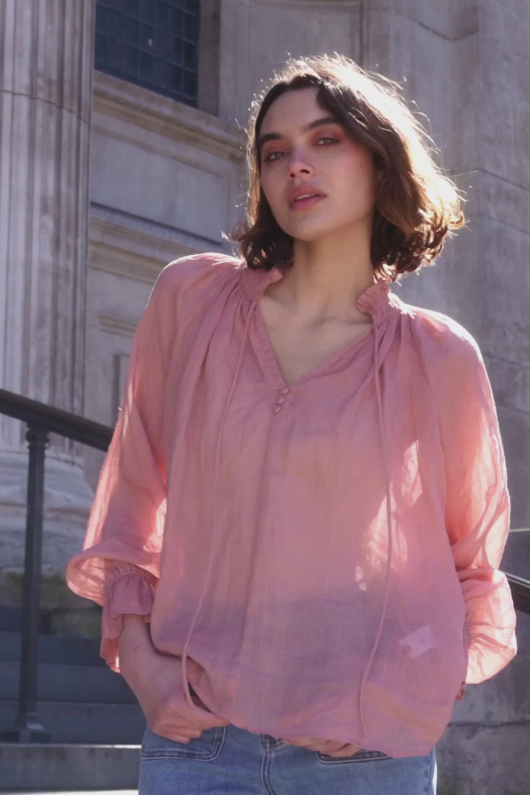 Odyssey blush shirred neck button long sleeve top